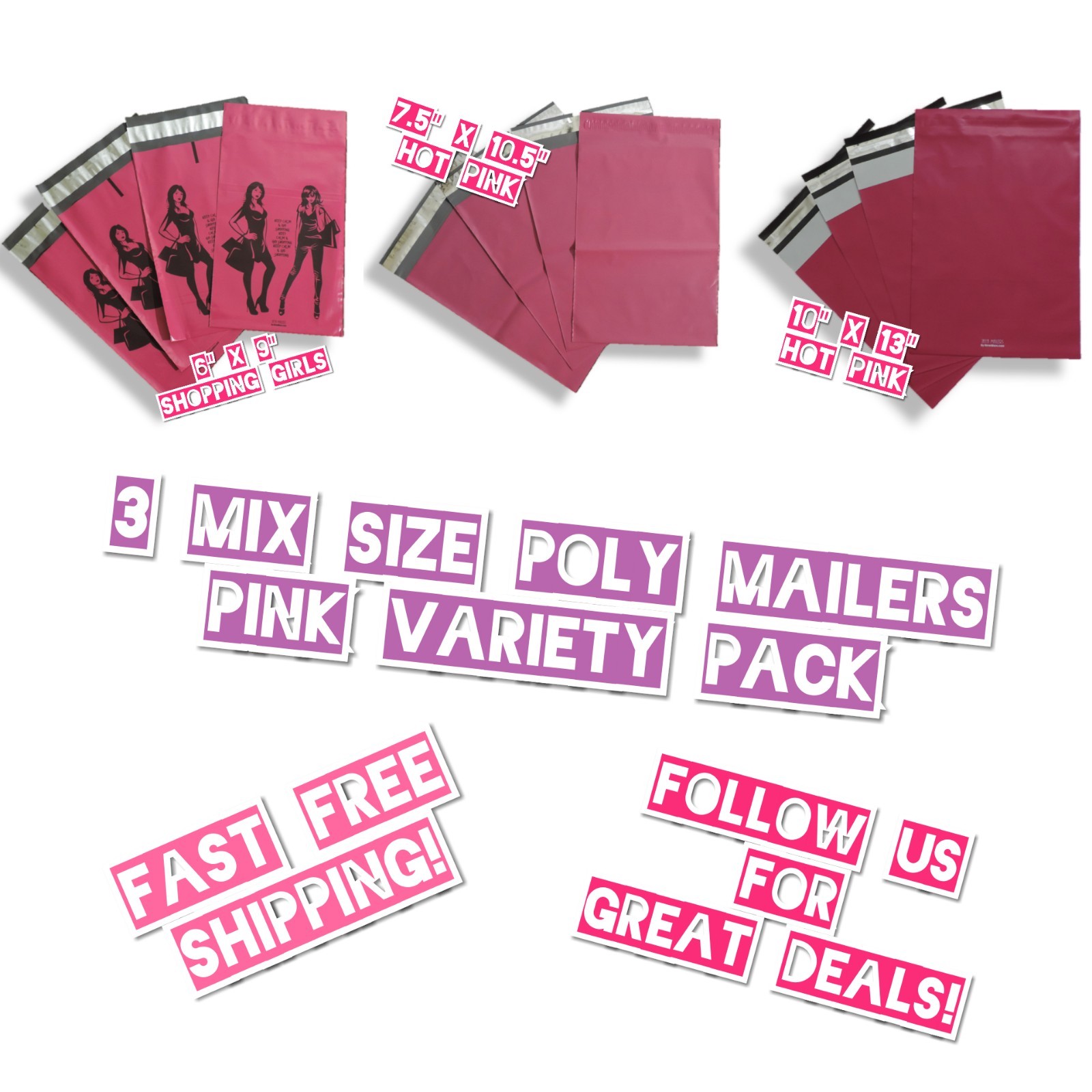 120 Mix Size (6×9, 7.5×10.5 & 10×13) Pink Poly Mailers Variety Pack (40 ea)