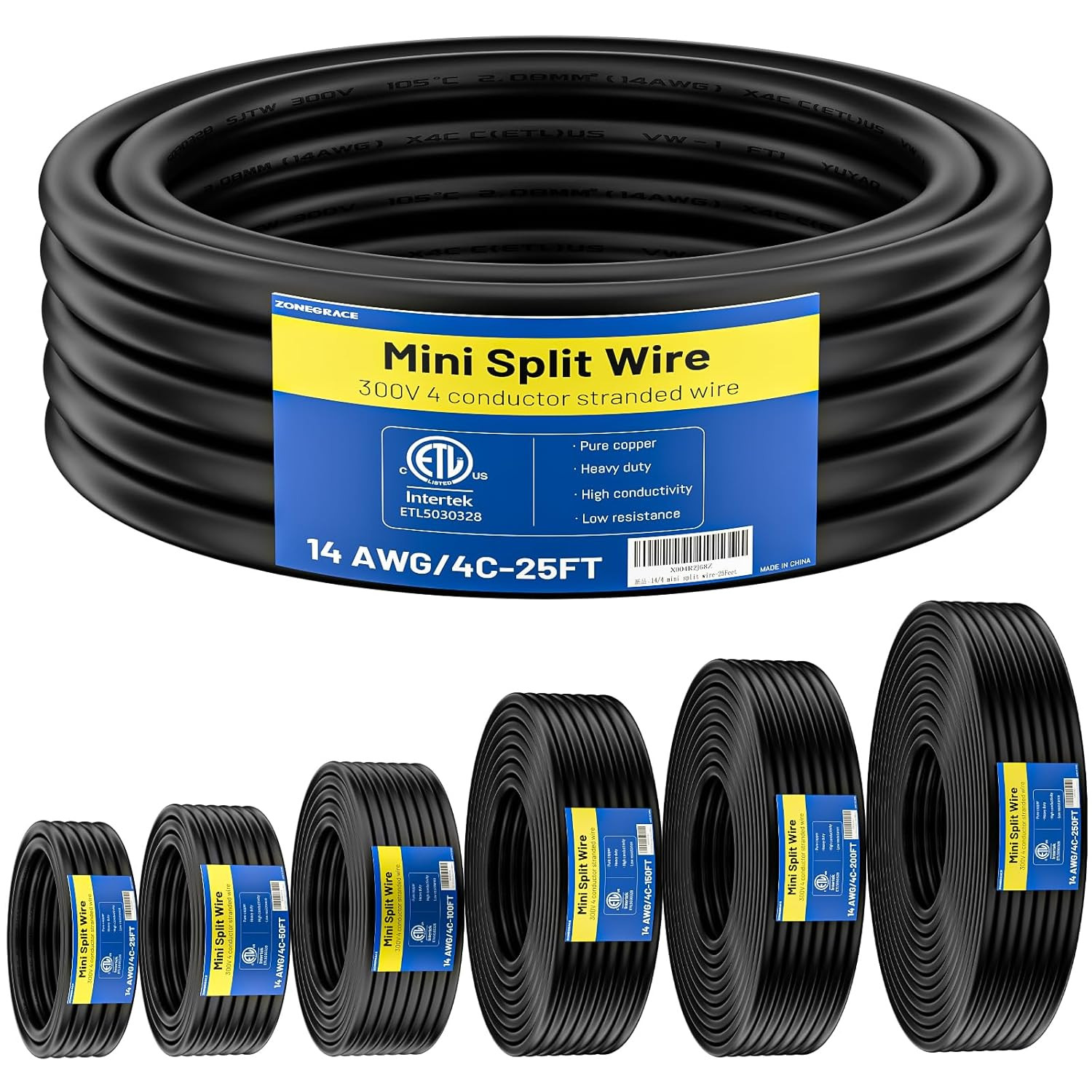 ETL Listed 14/4 Mini Split Cable 25FT 14 AWG 4 Conductor 100% Pure Copper 300V 1