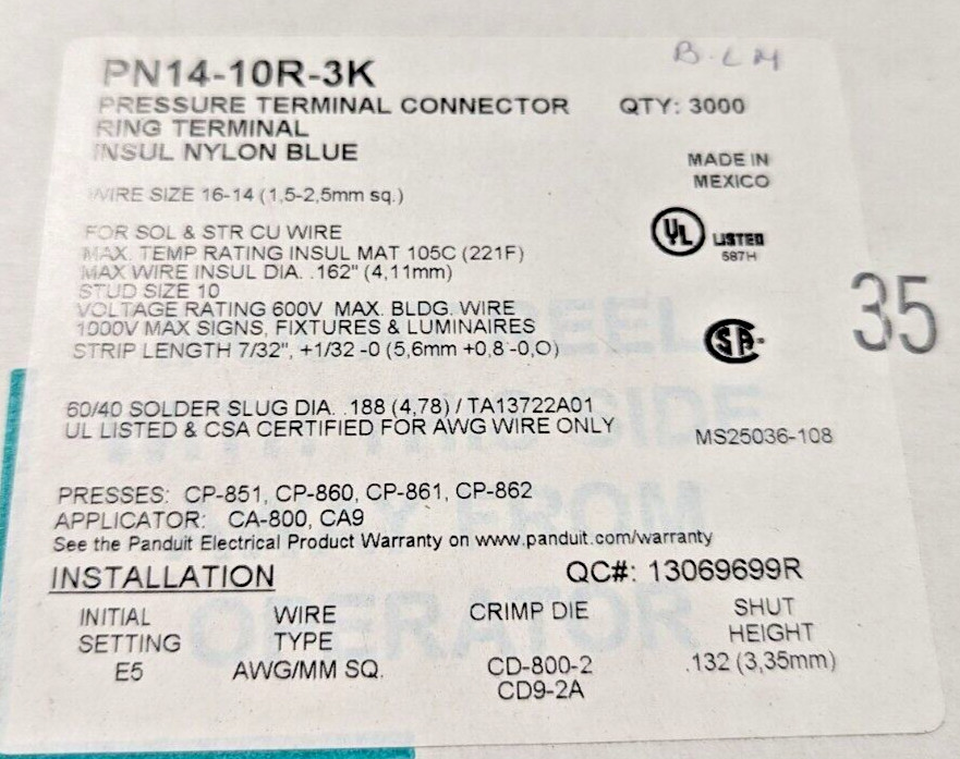 14-16 AWG Nylon Insulated Crimp Ring Terminal #10 Stud PN14-10R Panduit (Pkg50)