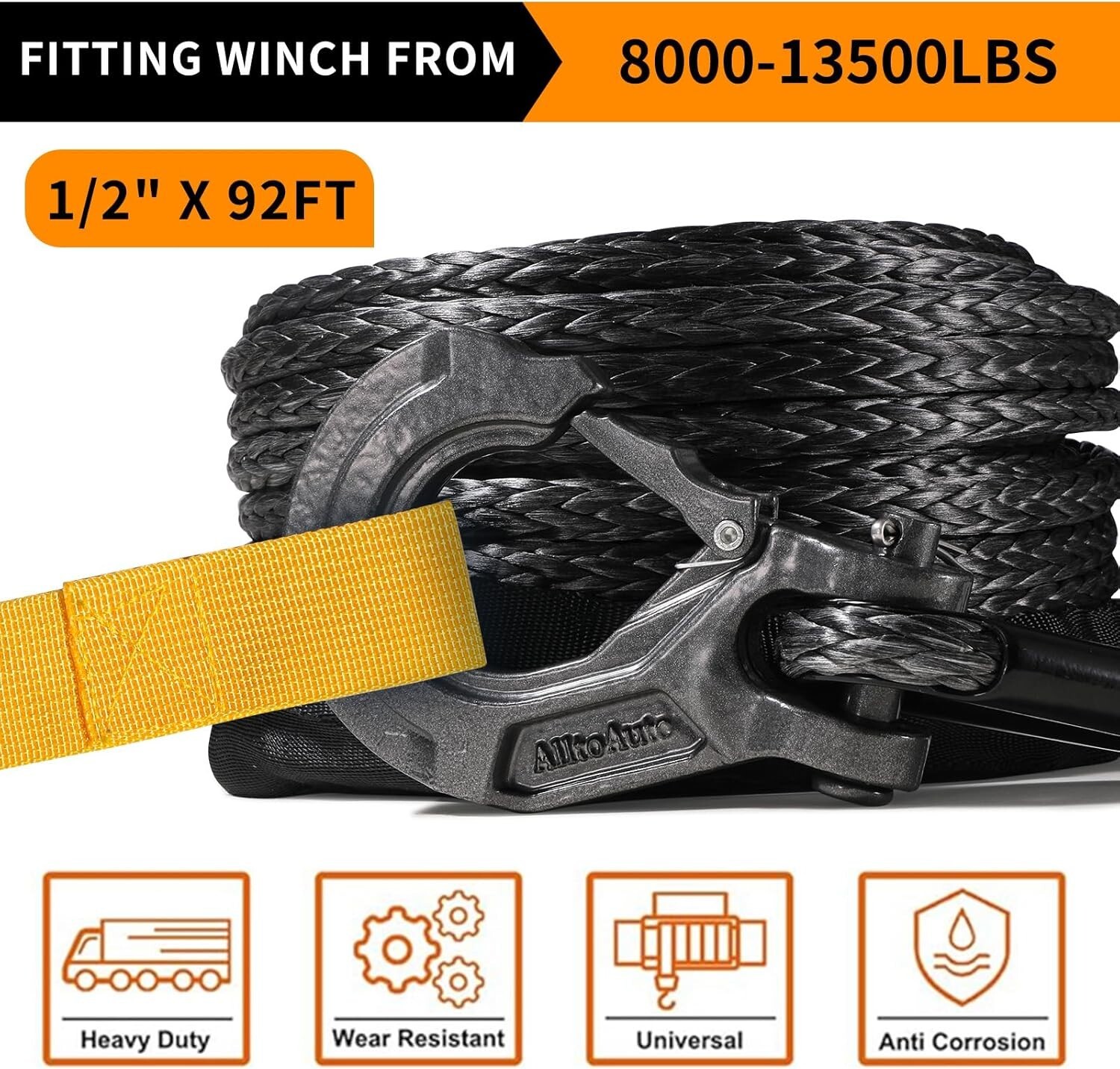 Winch Rope with Hook, 1/2″ x 92′-33076lbs Dyneema Synthetic Winch Rope Line C…