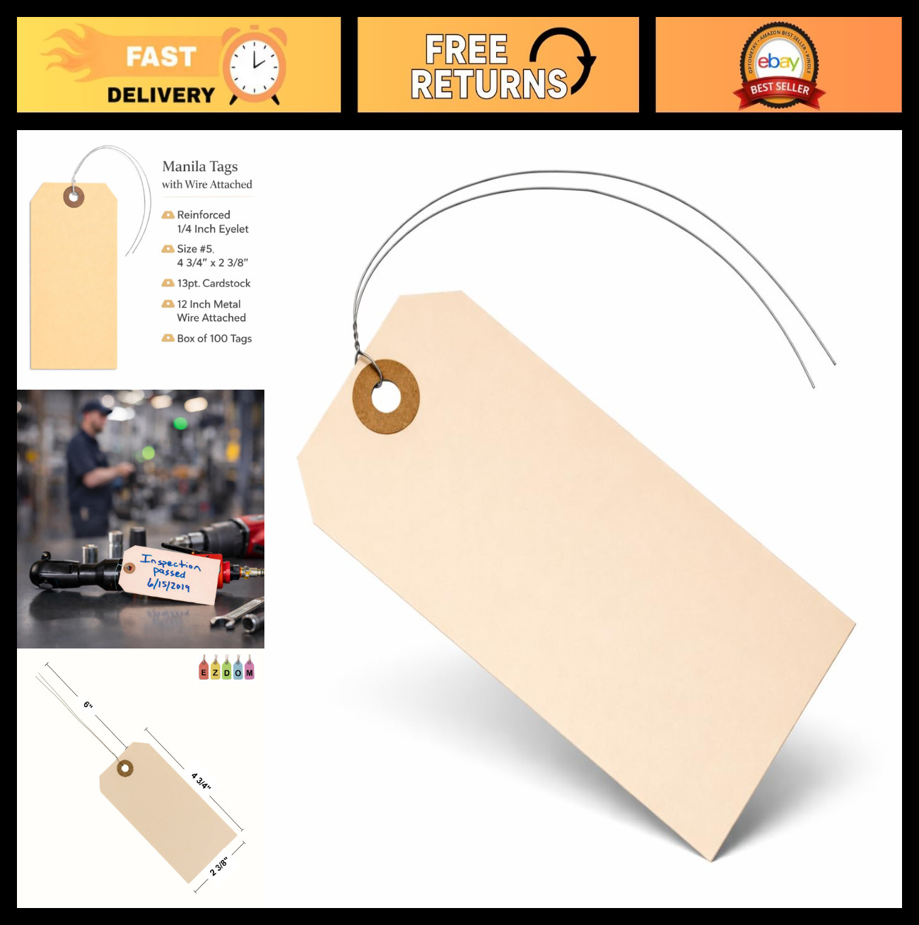 Blank Manila Label Tags with Wire Ties – 100 Pack, 4.75″ x 2.375″, Reinforced Ho
