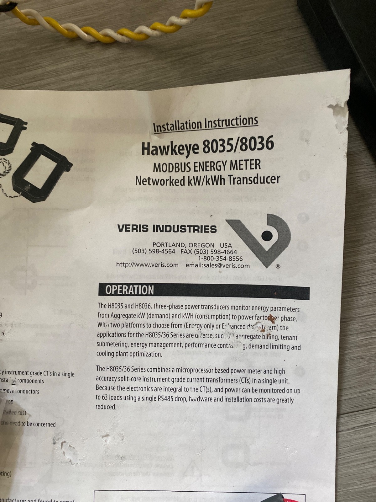 VERIS Hawkeye Modbus Energy Meter Networked Transducer 800A H8036-0800-3 NSMP