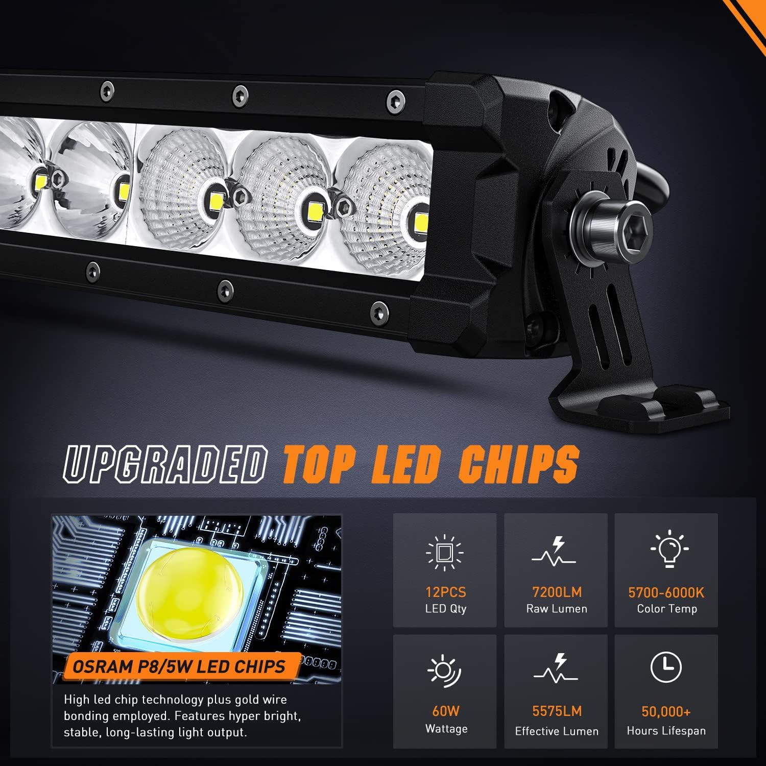16″ 60W Slim Single Row LED Light Bar Combo Driving Lamp 7200LM for Offroad