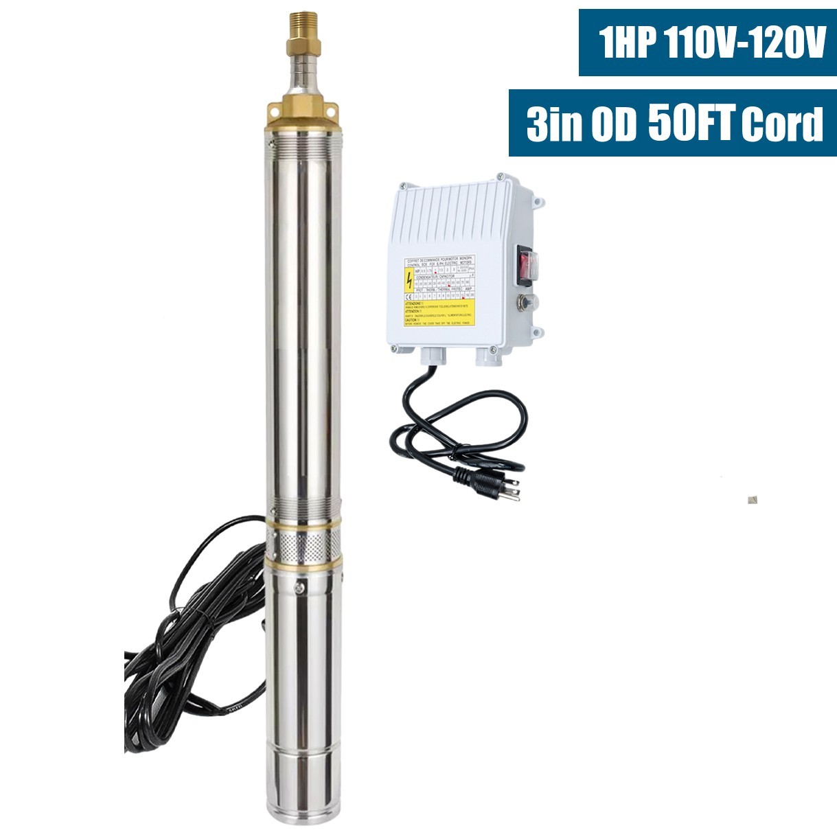 3″ OD 1 HP Deep Well Submersible Pump 230V 13GPM 247ft w/Control Box 100ft Cord