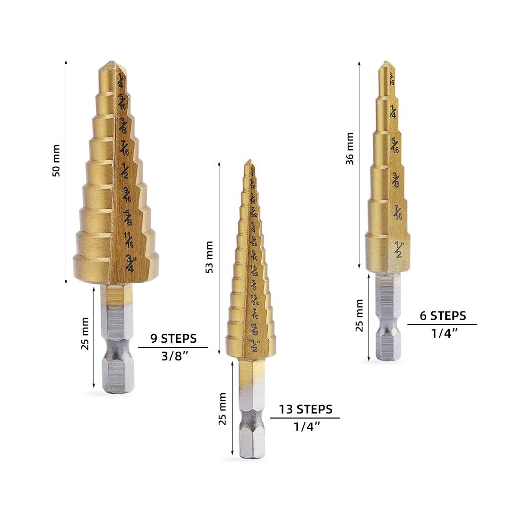 Aleric Step Drill Bit Set – Titanium Coated, High Speed Steel 0.5 inches