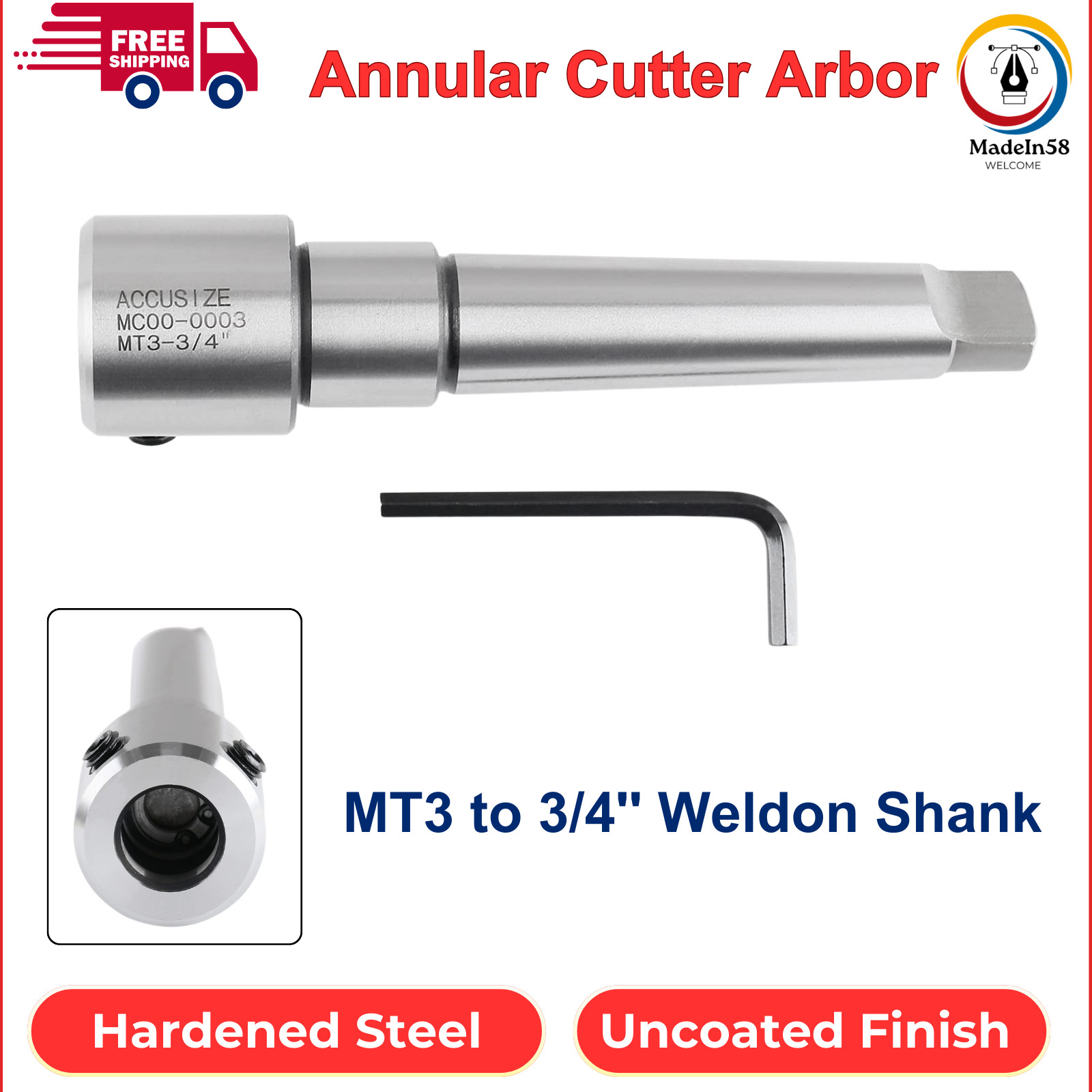 Accusize Industrial Tools Annular Cutter Arbor, MT3 To 3/4» Weldon Shank W/ Key