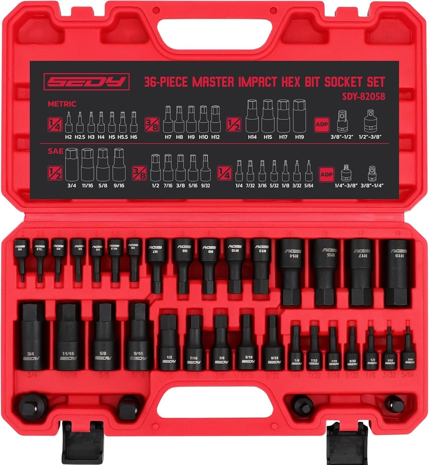 Hex Bit Impact Socket Set: 36-Piece with 4 Adapters, 1/4″ One Size, Black