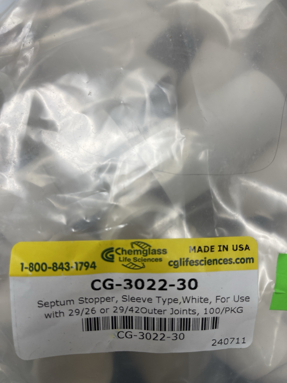 Chemglas Sleeve Type Septum Stopper Size 29/26-29/42,White (Pack 100) Cg-3022-30