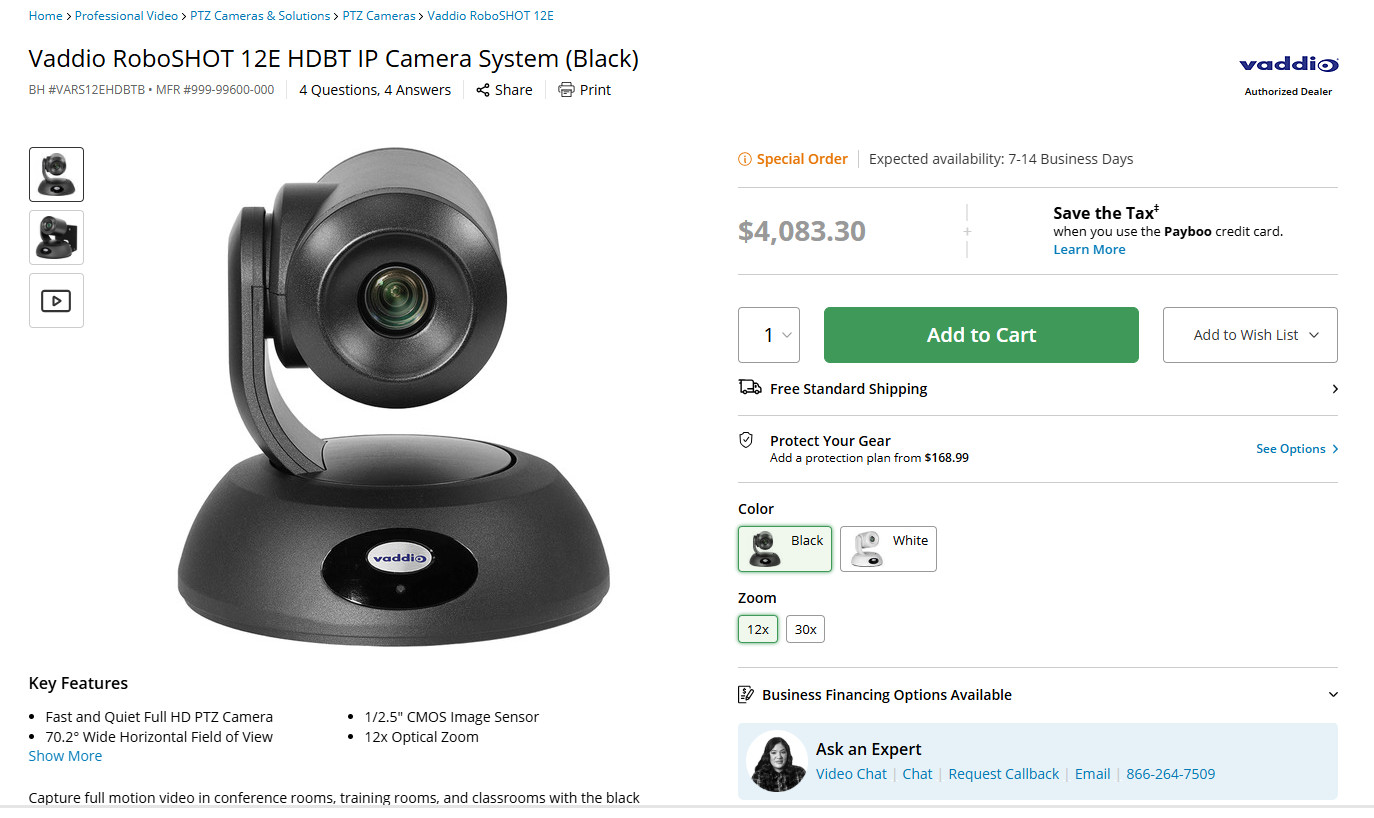 Legrand Vaddio RoboSHOT 12E HDBT PTZ Camera – Black – HD with PoE 999-99600-000