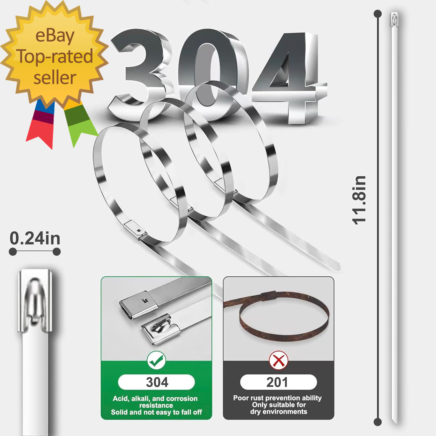100-Pack Metal Zip Ties 11.8 Inch Heavy Duty 304 Stainless Steel Self-Locking