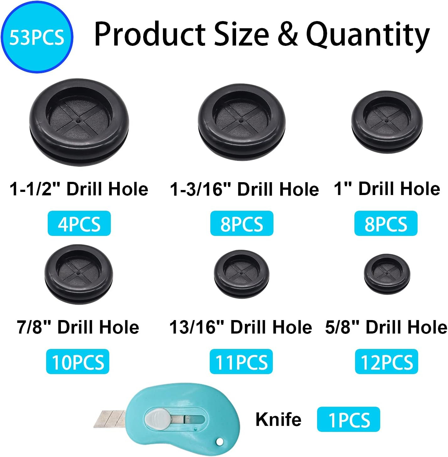 53PCS Rubber Grommets for Wiring, Rubber Grommet Kit in 6 Assorted Drill Hole Si