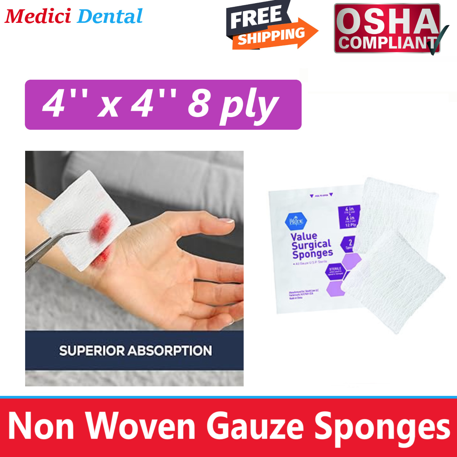 4×4 Non Woven Sponges 8-Ply, Non-Sterile Cotton Dental Surgical Gauze – 2000/Box