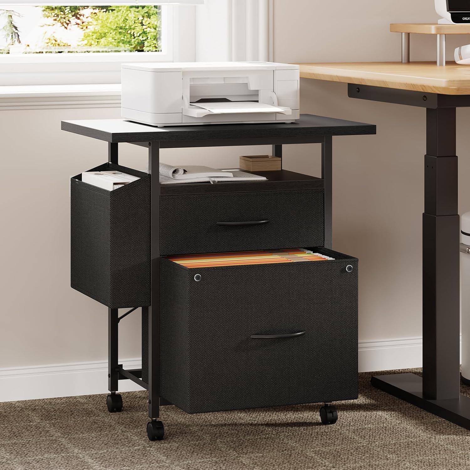 Rolling Mobile File Cabinet w/2 Drawers&Open Storage Shelf Office Printer Stand