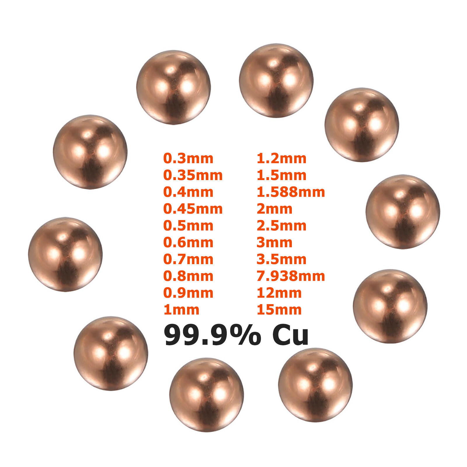 Pure Cupper Balls Solid Precision Ball Smooth Sphere Beads Diameter 0.3mm – 15mm