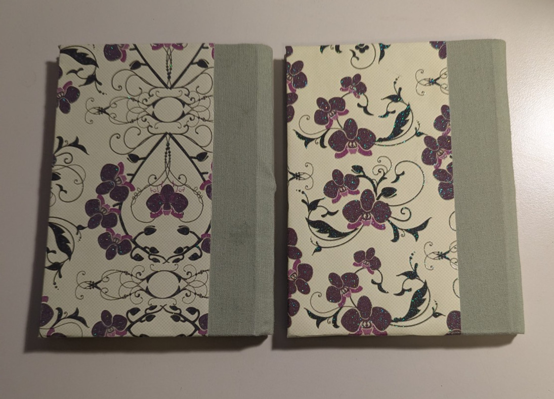 2 Handmade Green Purple Iris Shabby Skinny Journals 4.5″ by 5.5″