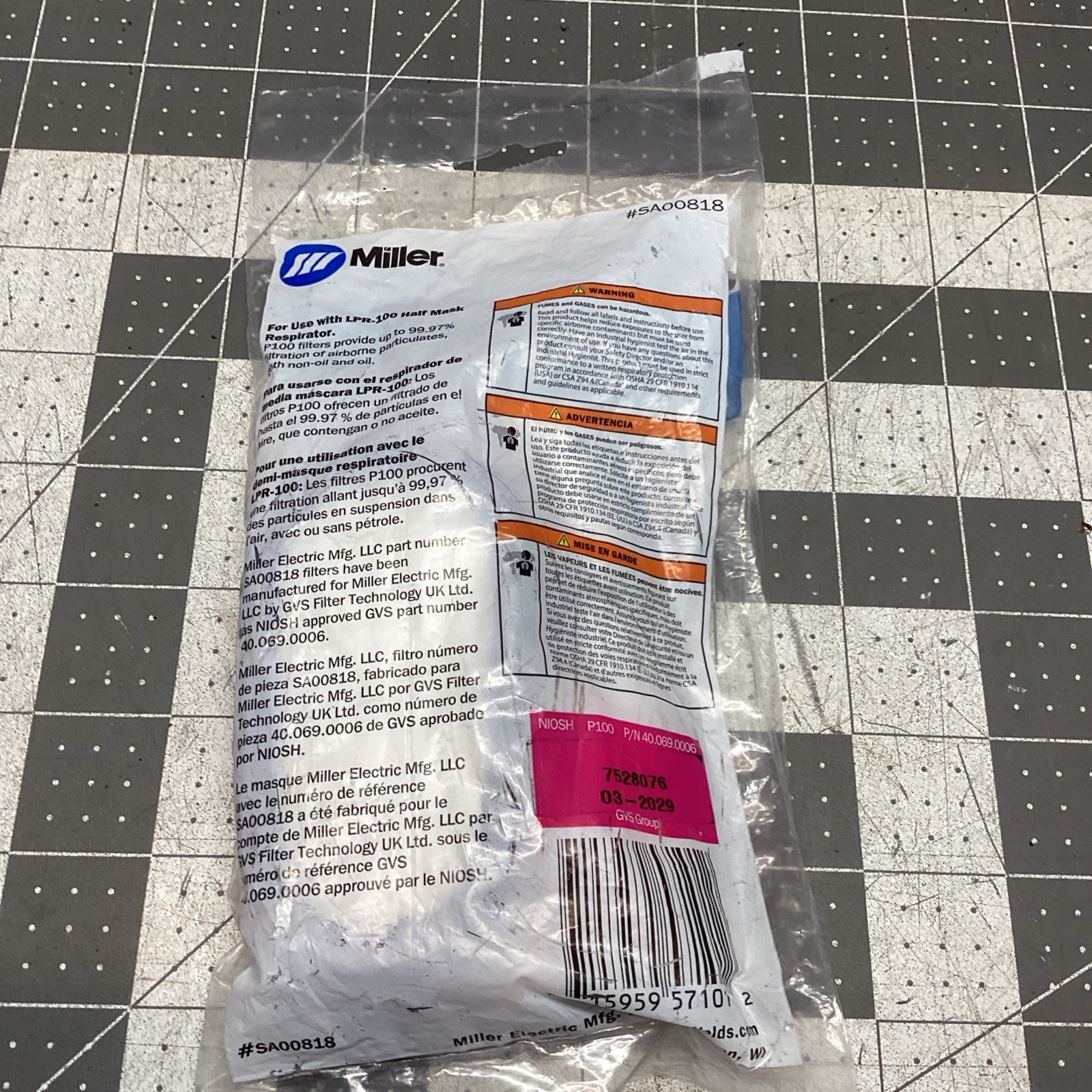 Miller SA00818 Replacement Cartridge P100 Filter Miller Welding Respirator 2 PKG