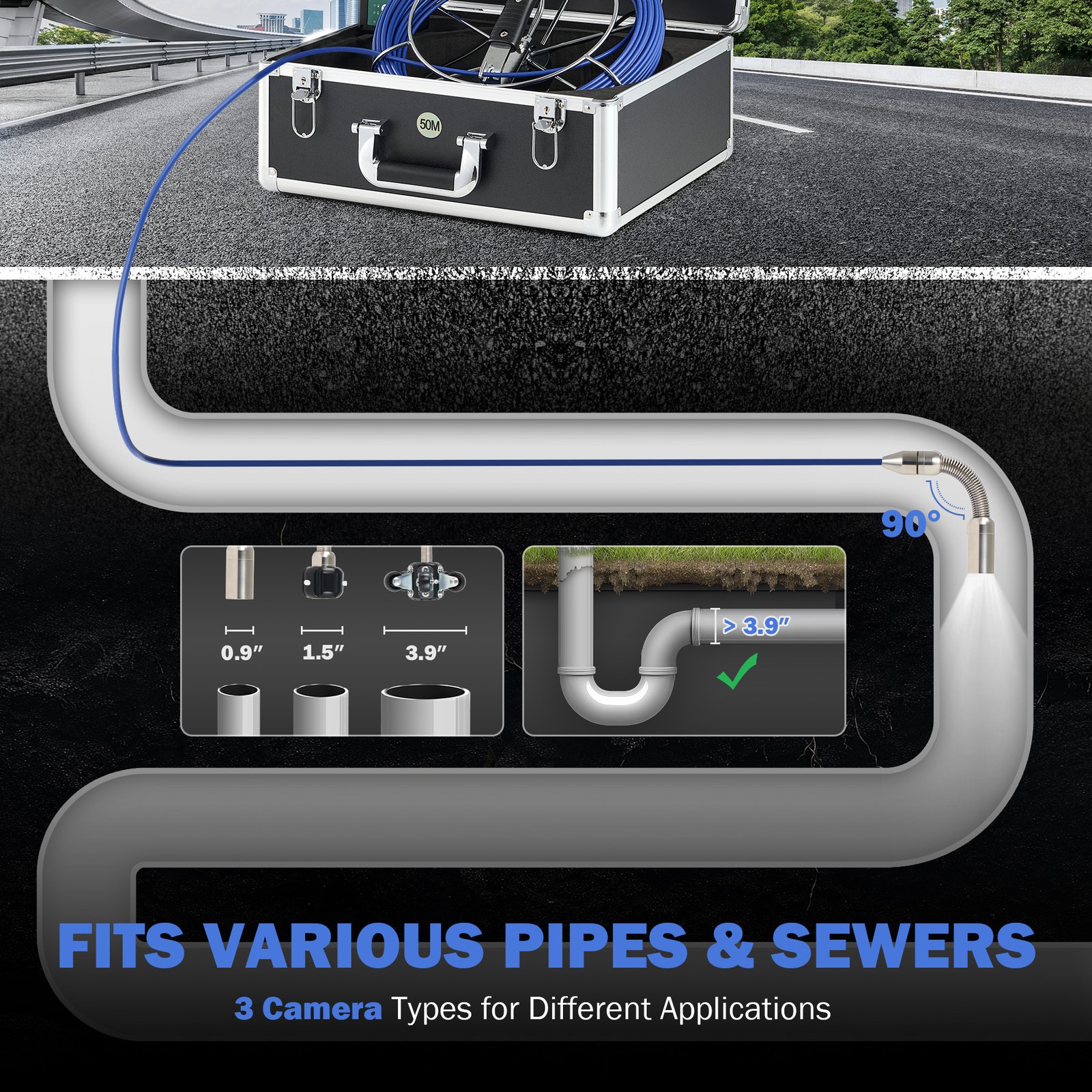 7 in. Self-Leveling Sewer Camera with Locator 164 ft. Cable IP68 Plumbing Camera