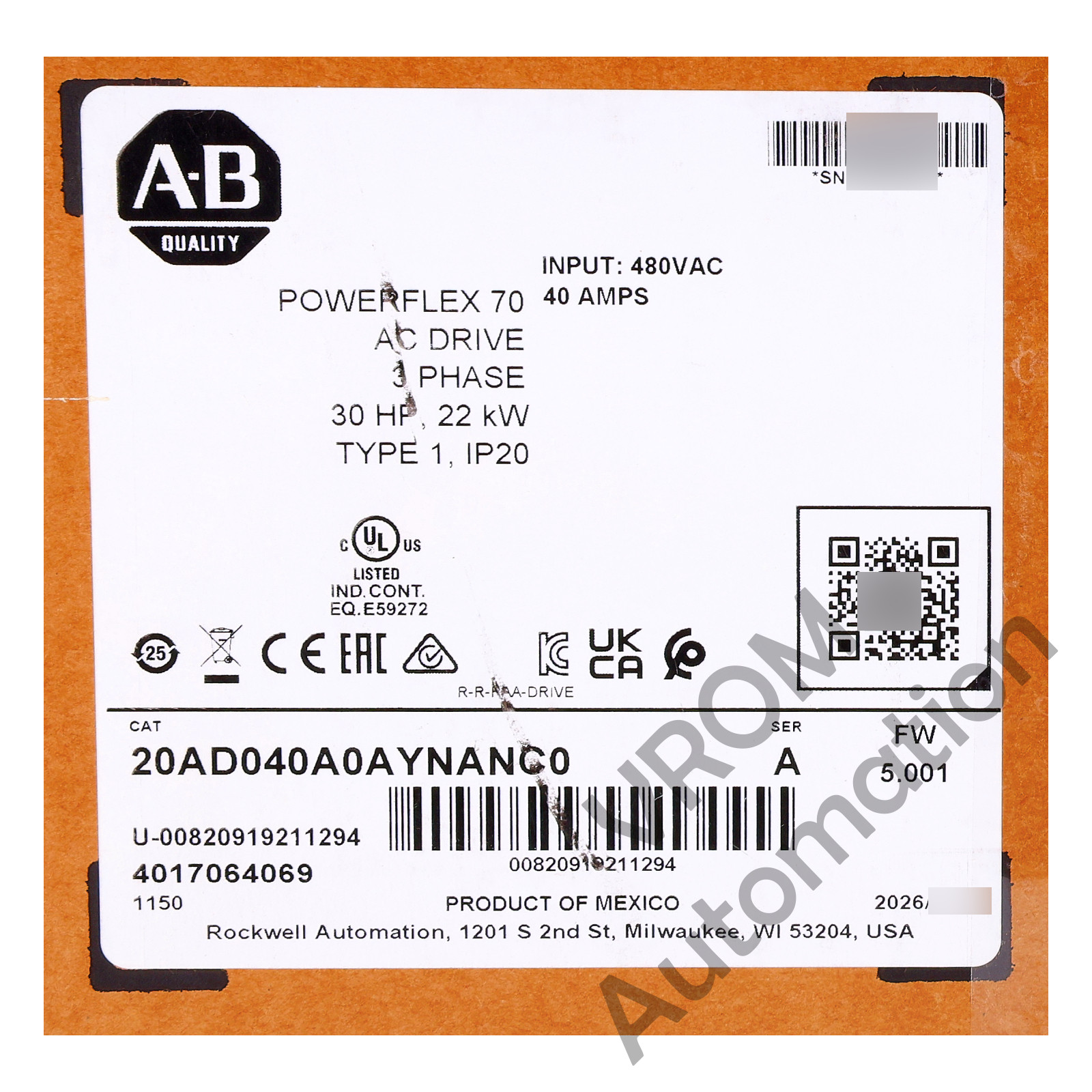 Surplus 2026 Allen Bradley 20AD040A0AYNANC0 /A PowerFlex 70 480V 40A 30HP Normal