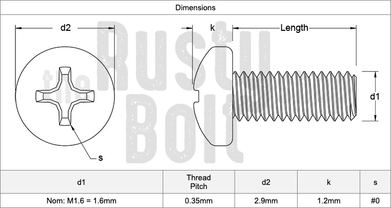 M1.6 x 18mm, Phillips Pan Head Screws, A2 304 18-8, Stainless Steel