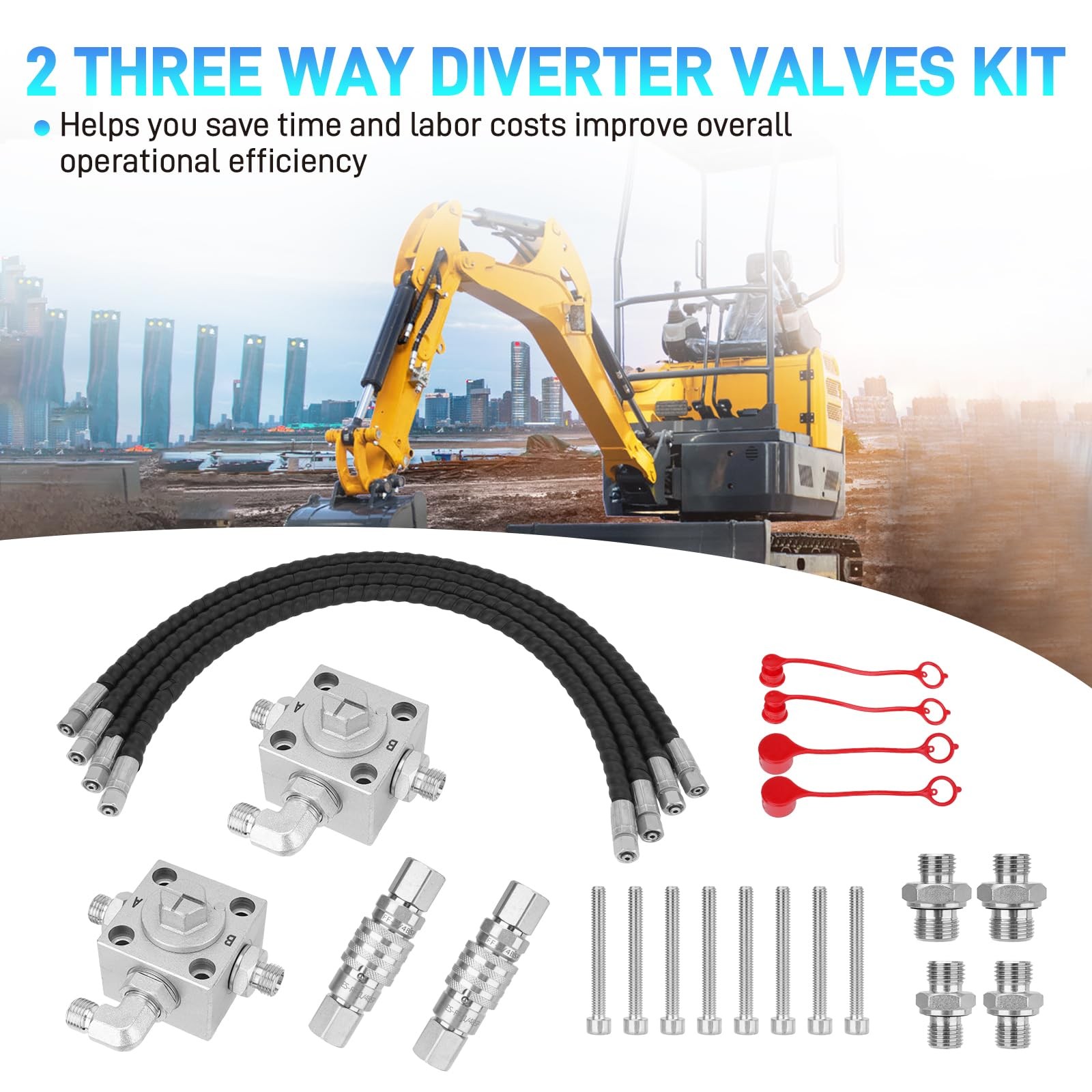 2Pcs 3 Way Hydraulic Diverter Valves For 1-2 Ton Mini Excavator w/Quick Connects