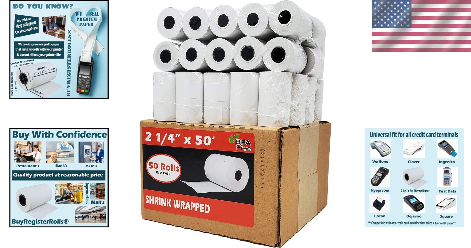 Thermal Paper Rolls – 50 Pack 2 1/4″ x 50′ BPA Free, Recyclable & Glossy Finish