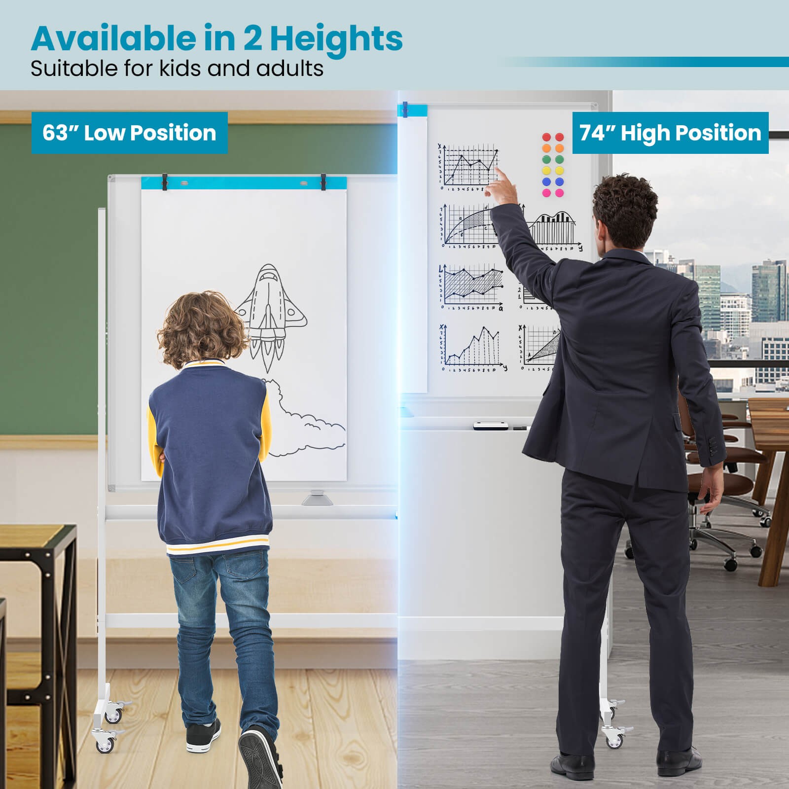 Costway Height Adjust 48″x36″ Mobile Magnetic Double-Sided Reversible Whiteboard