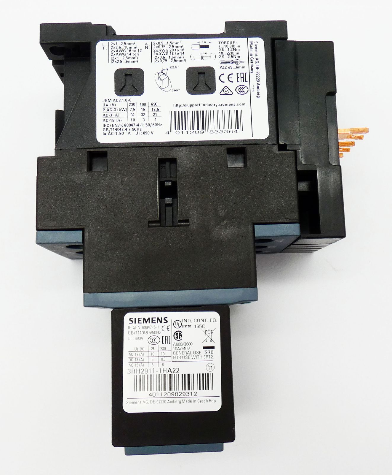 Siemens SIRIUS 3RT2027-1AL20 E:03 Power Contactor + 3RH2911-1HA22 E:03 -used-