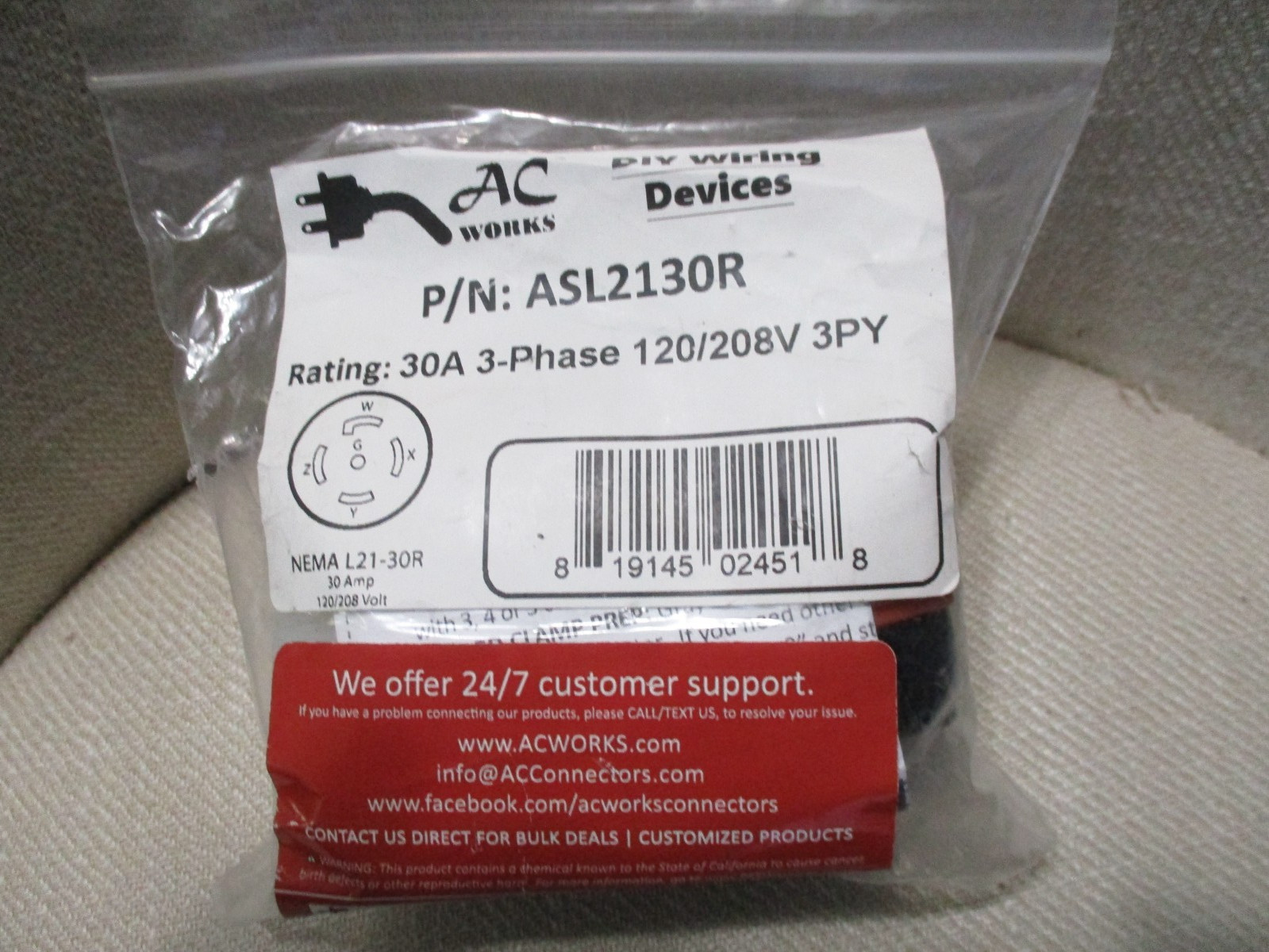 AC WORKS® NEMA L21-30R – 3-Phase 30A, 120/208V Locking Female Connector NEW