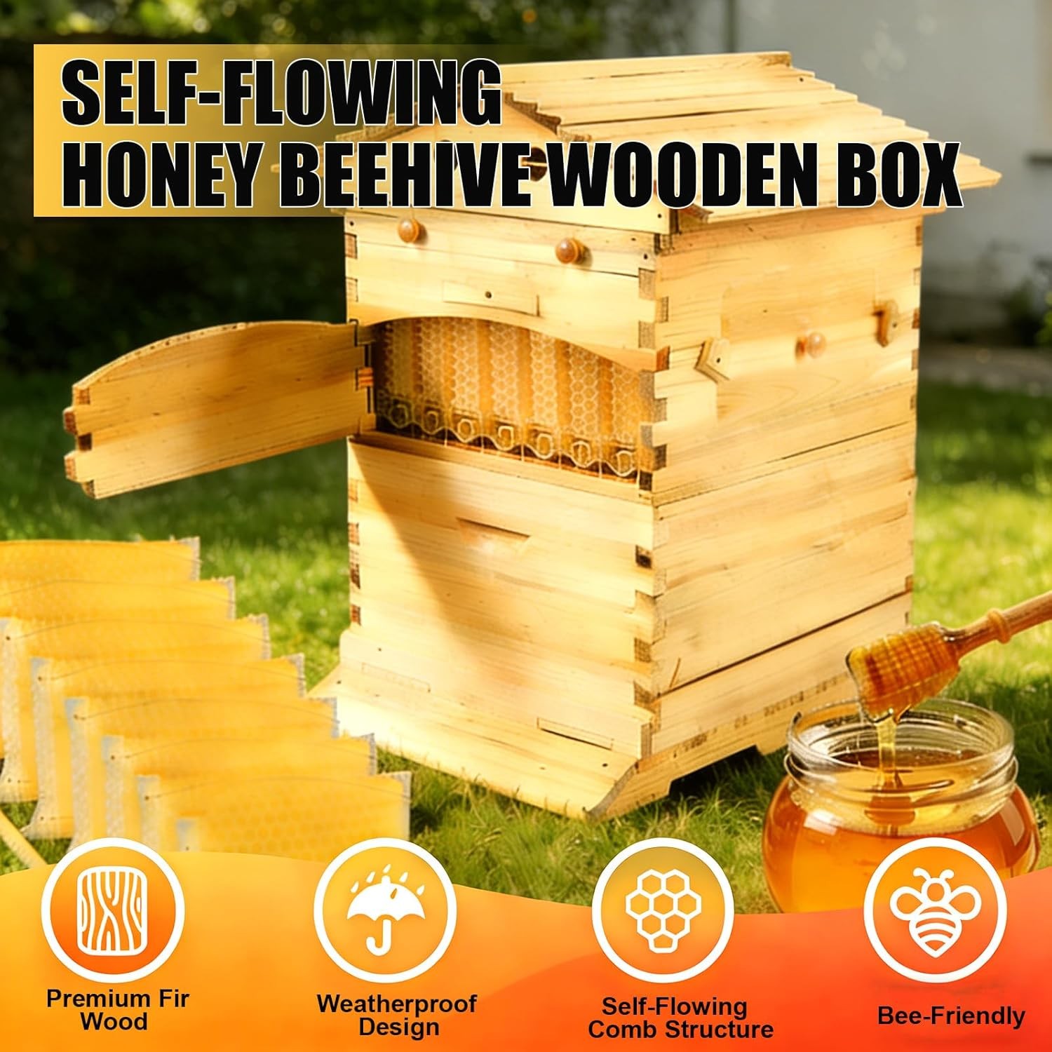 2-in-1 Auto Seedding Beehive Starter Kit Wooden Auto Honey Hive + 7 Auto Frames
