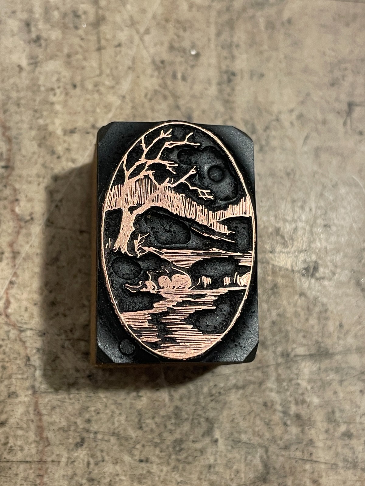 Printing Letterpress Print Block Antique Copper Stream View With Tree (3573)