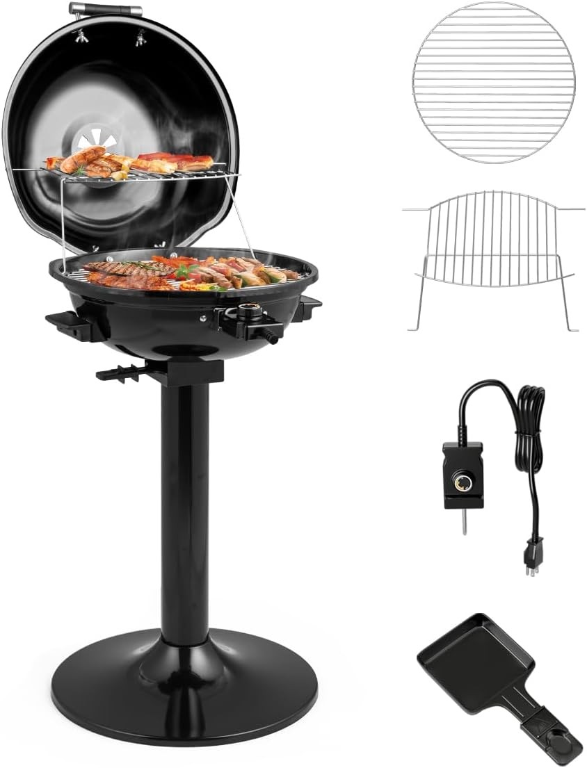 Outdoor Electric Grill 1600W,Stand BBQ Grill w/Warming Rack for 15-Serving,Adjus