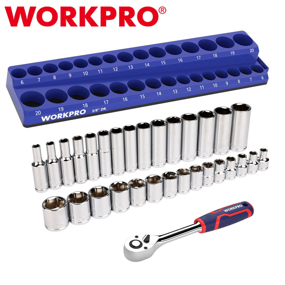 WORKPRO 32PC Mechanics Tool Kit 3/8″ Drive 30 Metric Deep Shallow Sockets 6-20mm