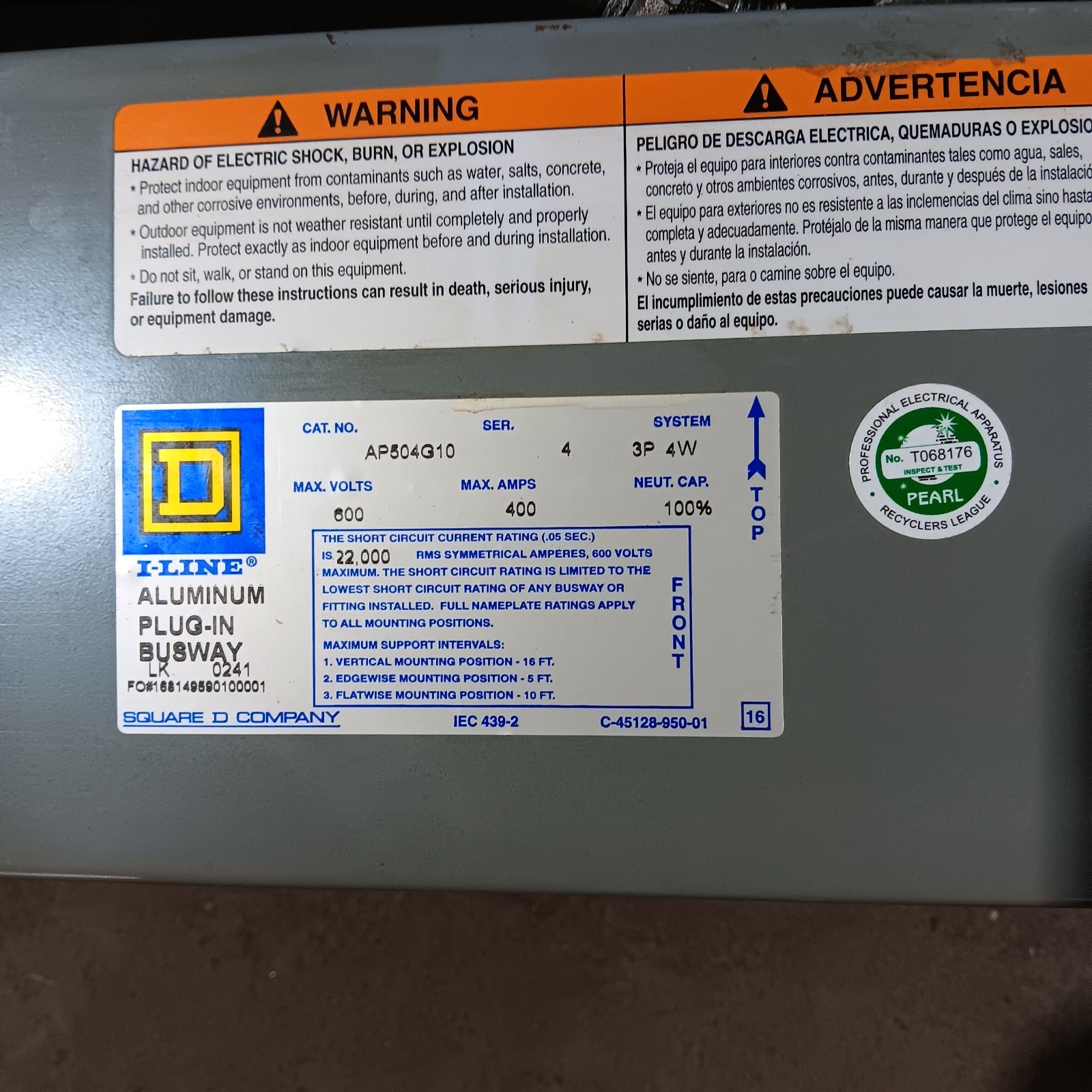 6-Square D I-Line 400Amp Busway sections AP504G10 3PH 4W 600VAC Max