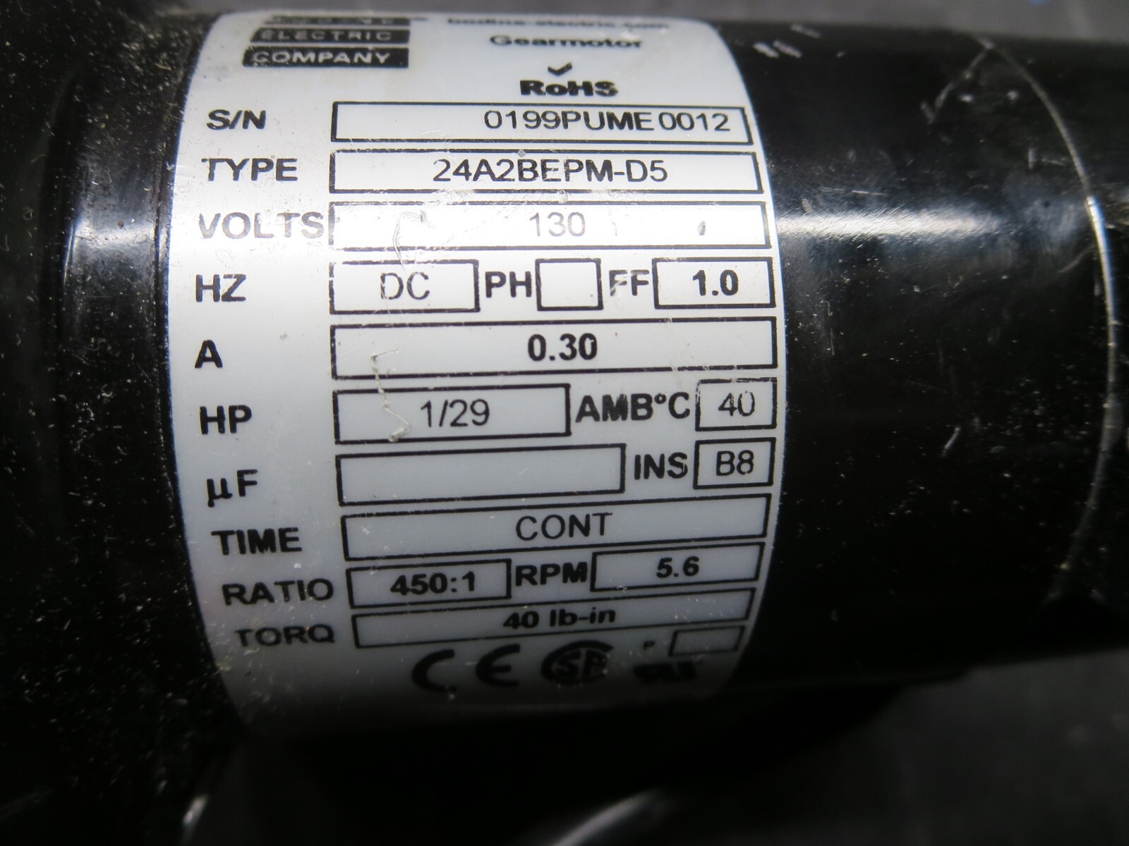 Bodine Electric 24A2BEPM-D5 130VDC 0.30A 1/29HP 5.6RPM 40LbIn Torq 450:1 Ratio