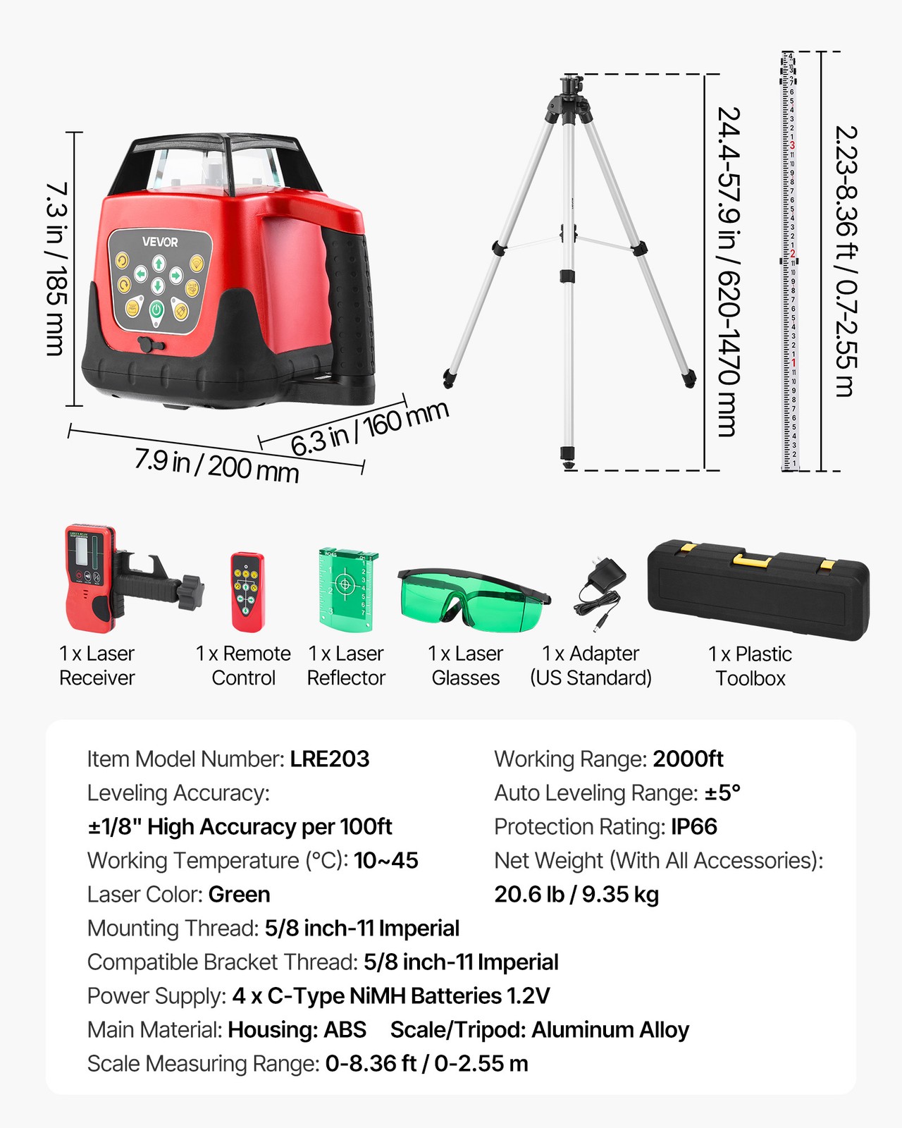 VEVOR 2000ft Rotary Laser Level Kit Self Leveling Green Horizontal with Tripod