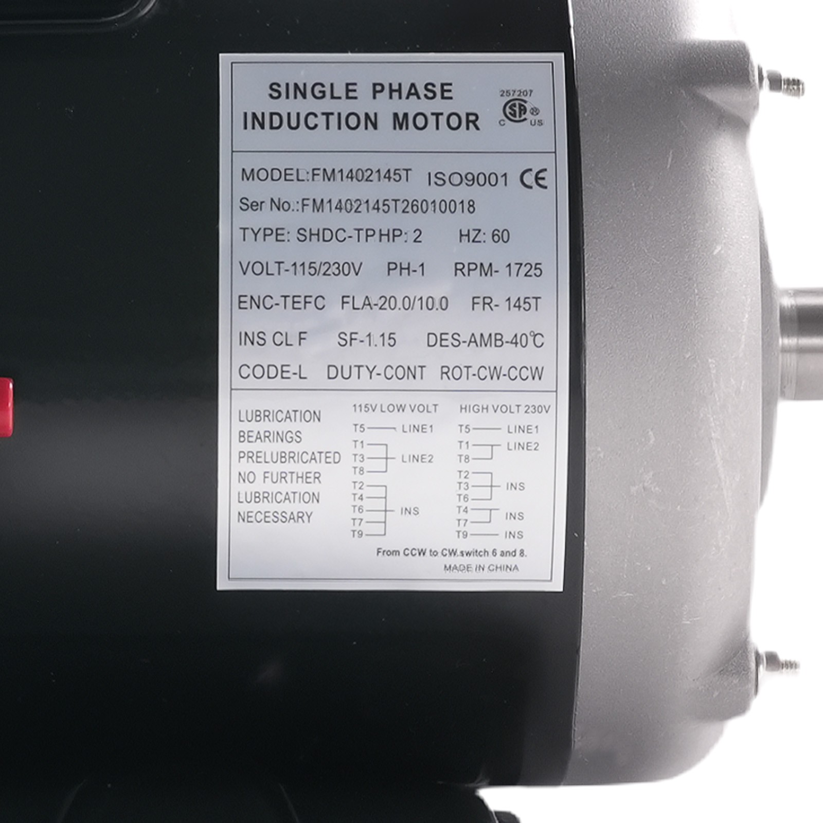 2HP Electric Motor 1725RPM AC 115V/230V 143/5T Frame 1Phase 5/8″ Keyed Shaft