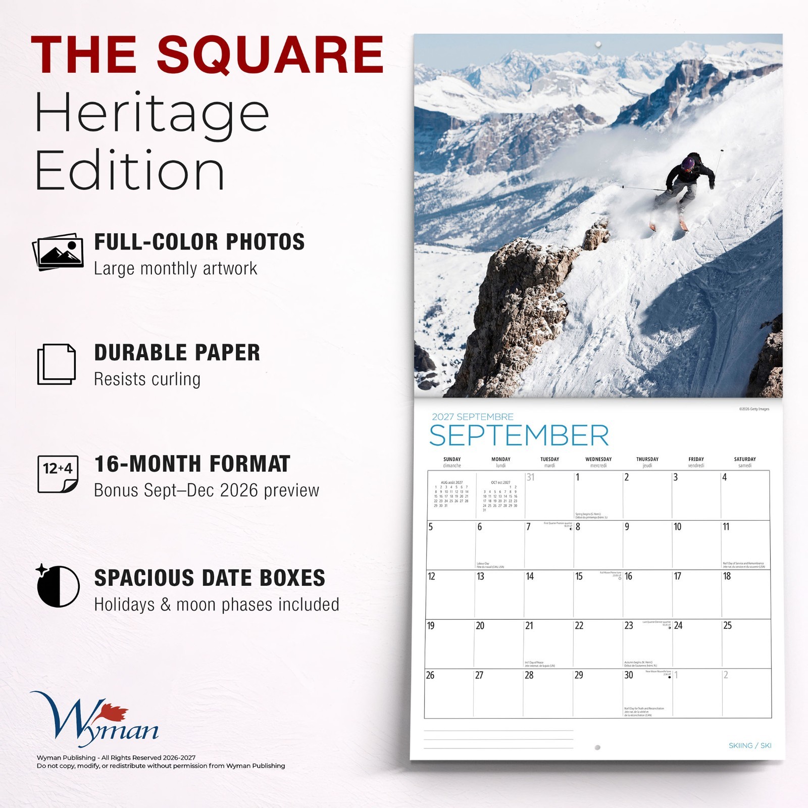 Skiing | 2027 12×24″ (Hanging) Monthly Square Wall Calendar