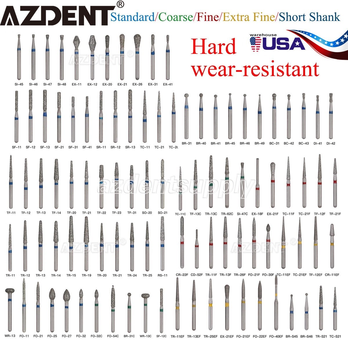 AZDENT Dental FG Diamond Burs High Speed Handpiece Friction Grip 5Pc/100Pc/200Pc