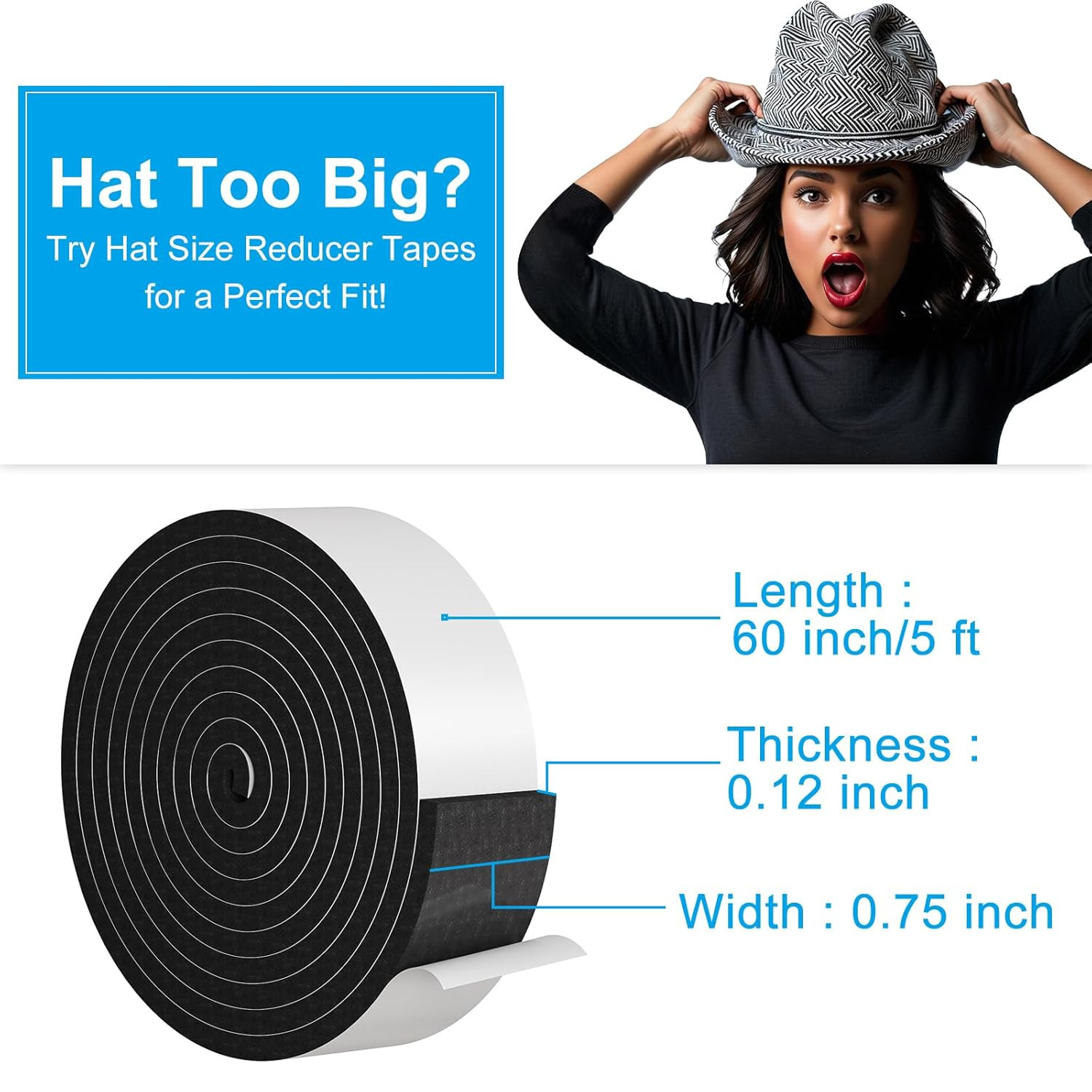 Hat Tape Roll 60″, Hat Size Reducer Insert, Make Smaller Sweatband, Self Adhesiv