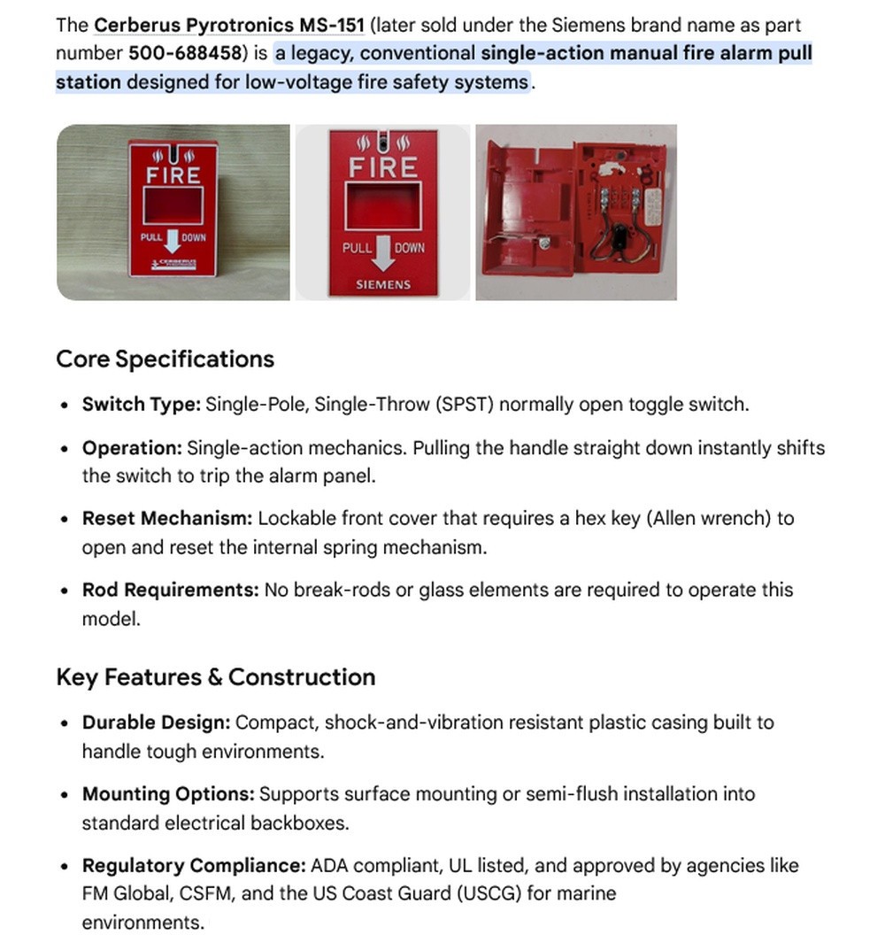 1 USED CERBERUS PYROTRONICS MS-151 FIRE ALARM PULL STATION***MAKE OFFER***