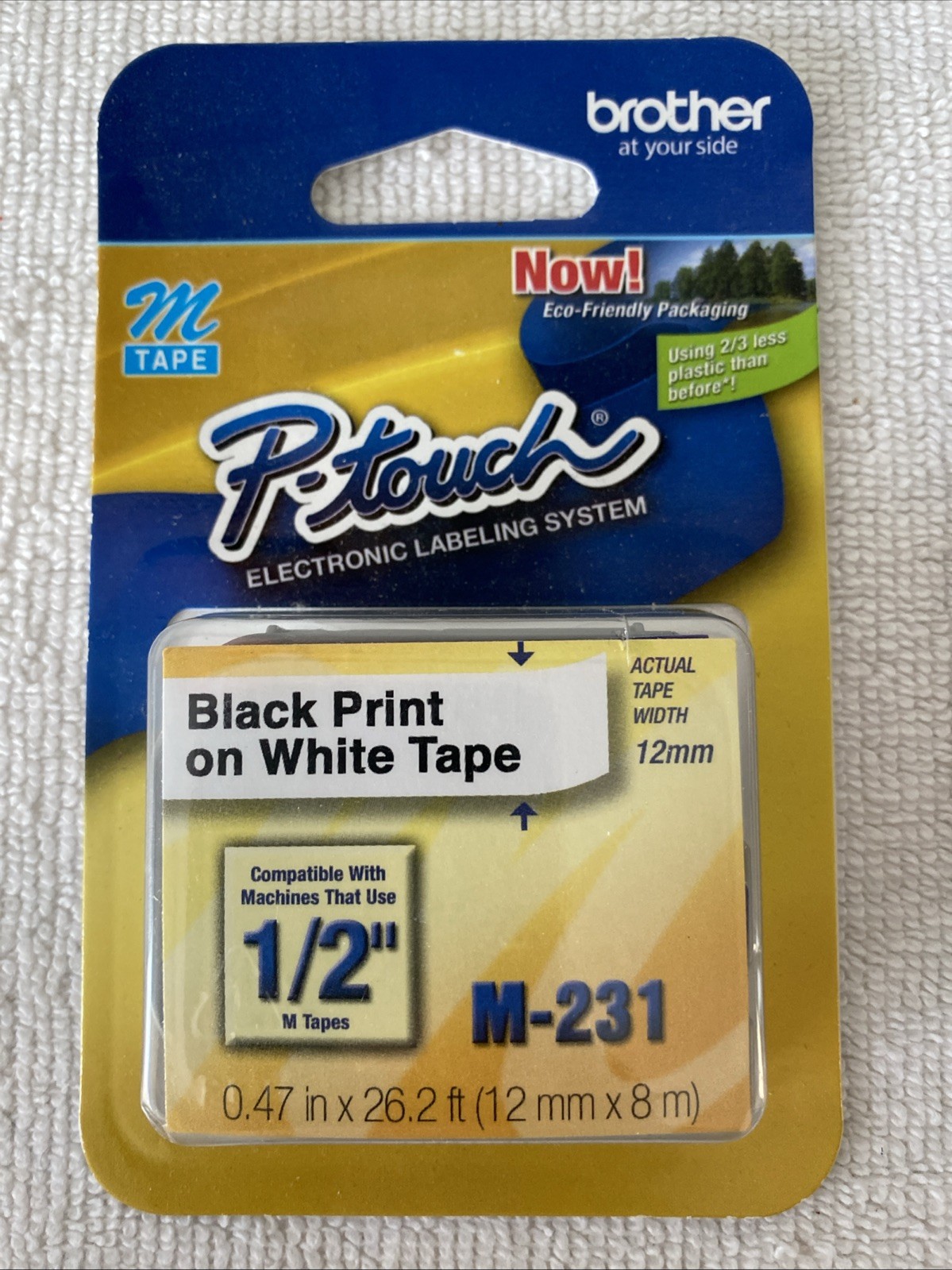 2Brother P-Touch M-Tape M-231 1/2″ BLACK on WHITE .47 In × 26.2 Ft (12 mm × 8 m)