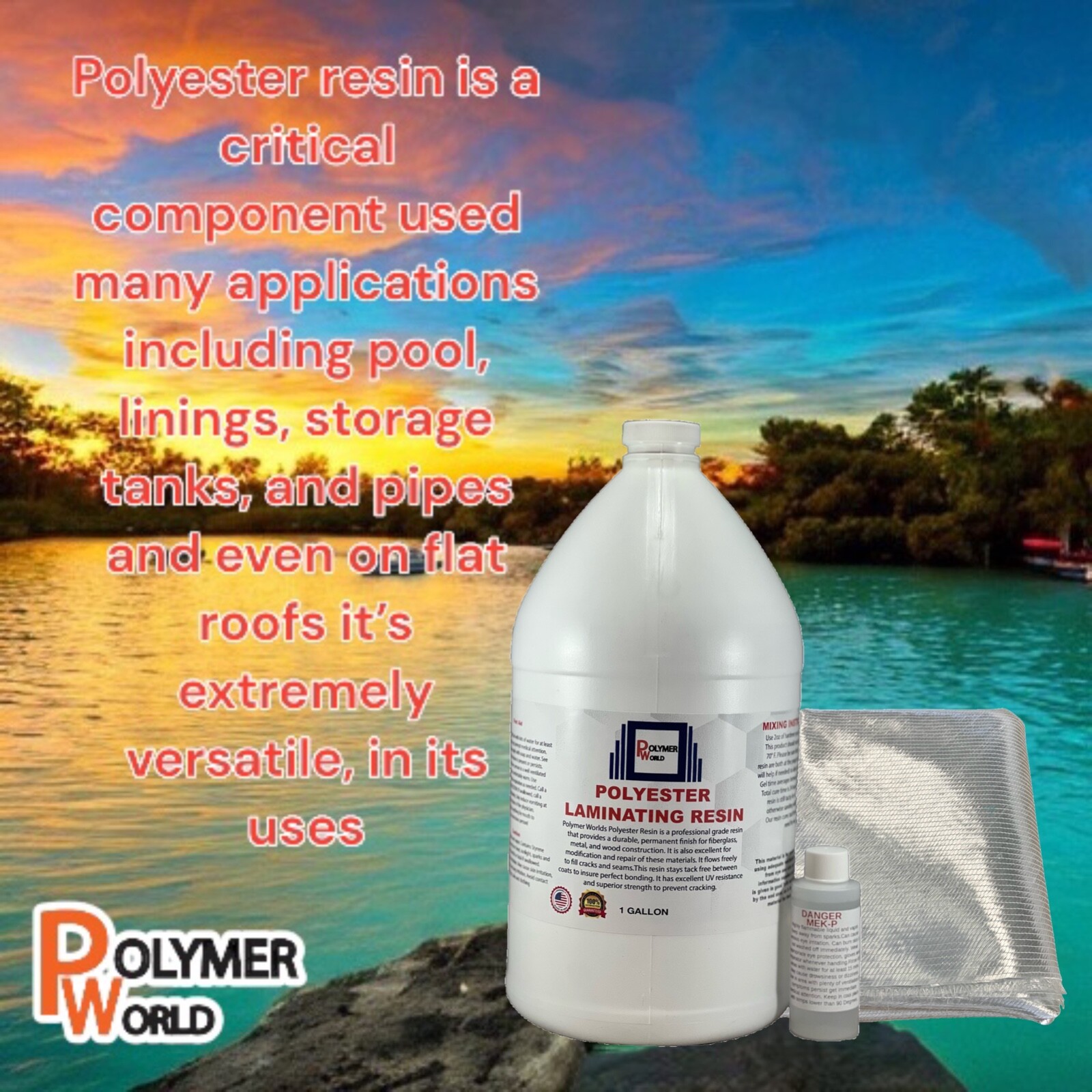 Fiberglass Repair Kit 1 Gal of Polyester Resin 1708x50x5 Yard Biaxial Cloth