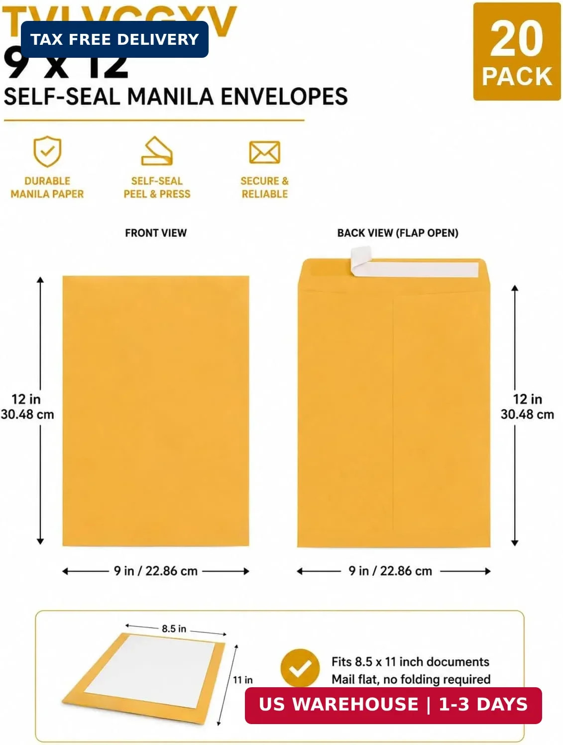 9×12 Manilla Envelopes Self Seal, 20 Pack – 100 GSM Heavyweight Brown Kraft Larg