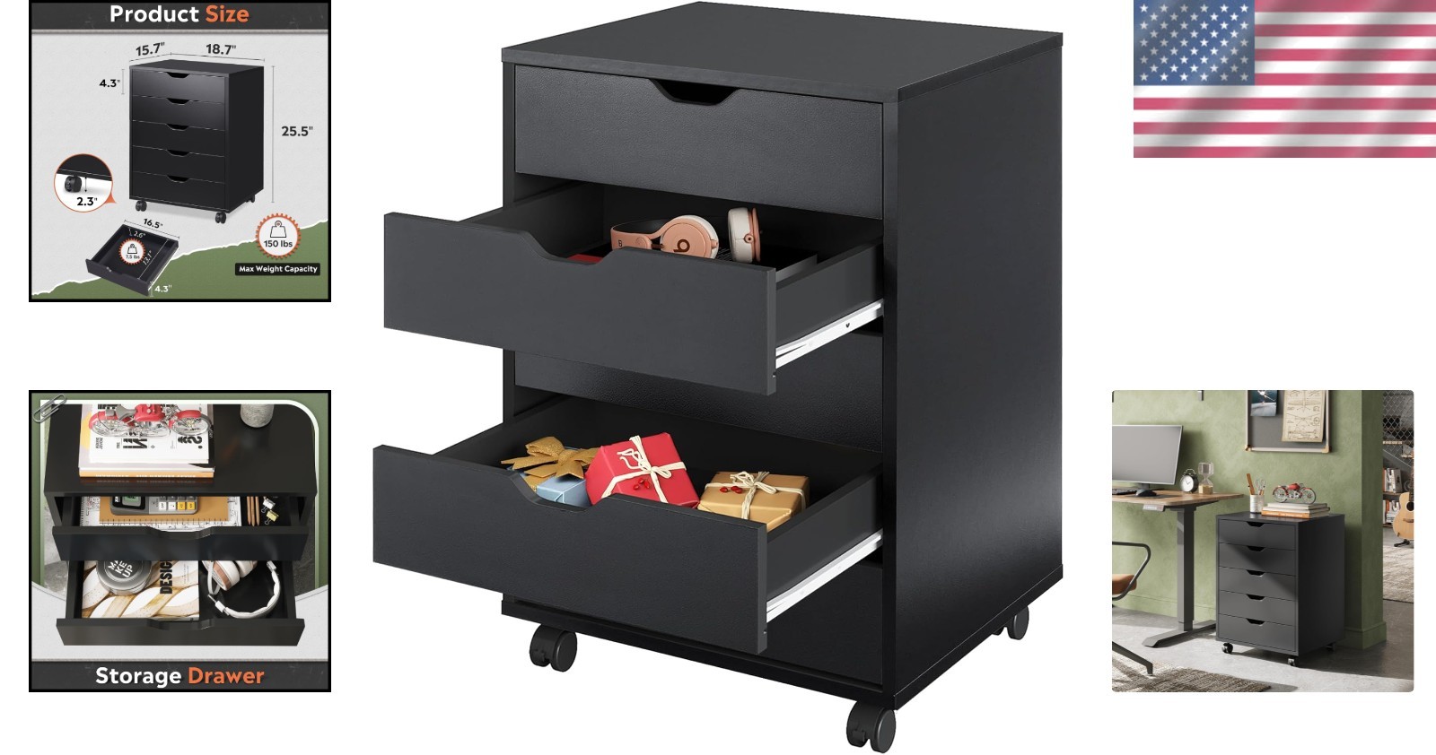 Versatile Black 5-Drawer Cabinet with Wheels – Perfect for Home Office Use