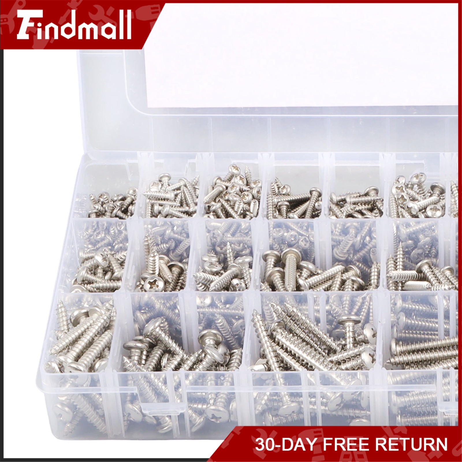 Findmall 780 PCS Pan Head Sheet Metal Screws Assortment Kit #4#6#8#10 Stainless