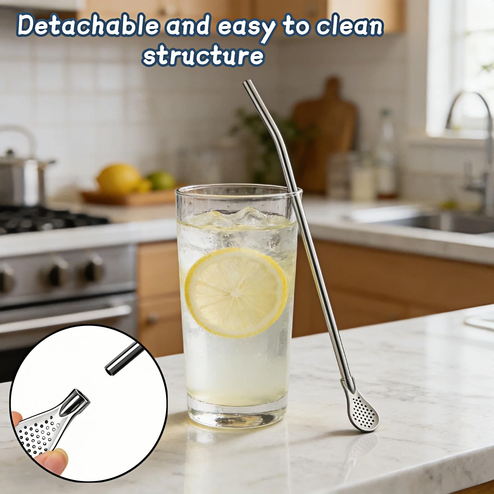 Stainless Steel Filter Straw Spoon, 2-in-1 Reusable Metal 9.65 Inches, Silver
