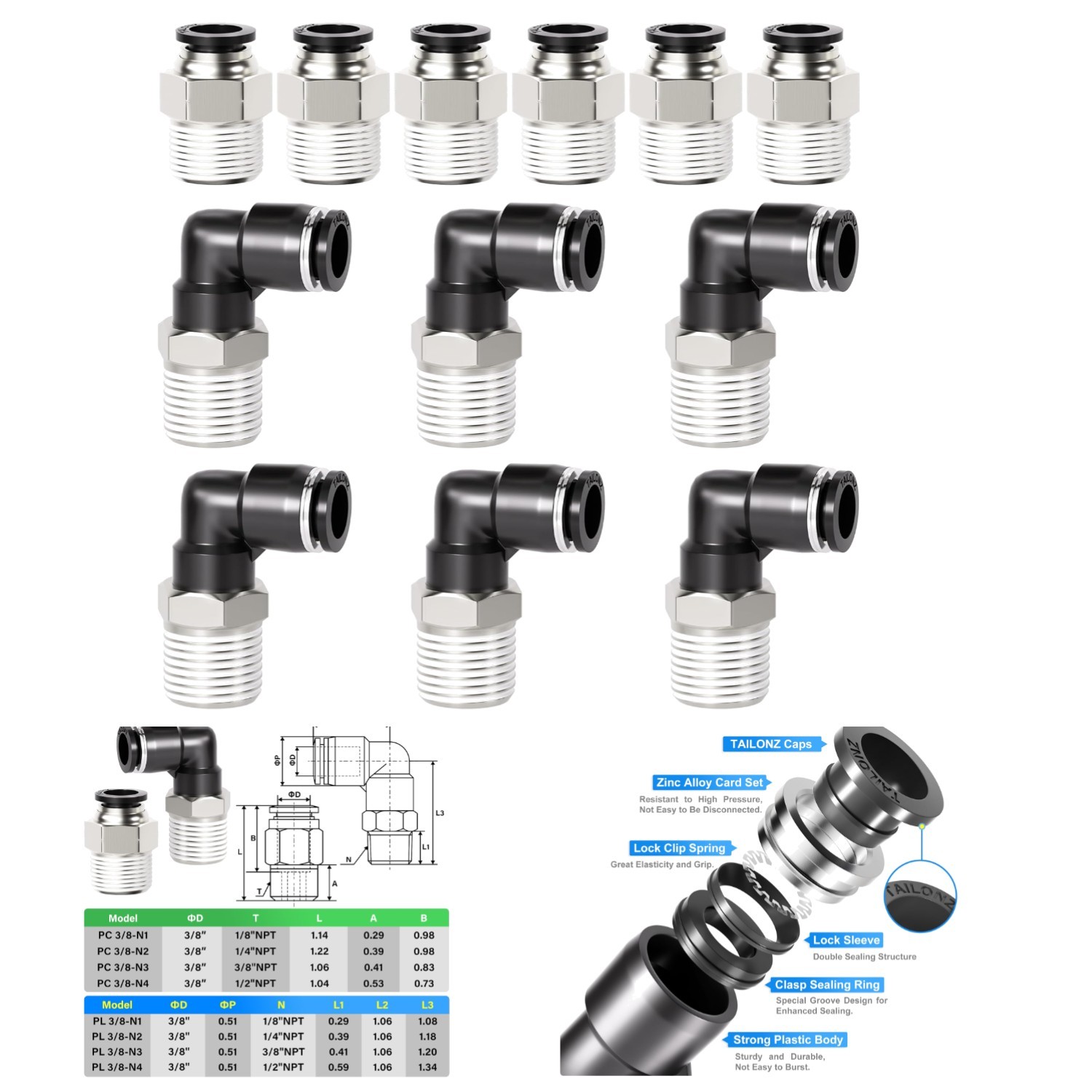 Durable Copper & Plastic 3/8” OD x 1/2” NPT Push-In Connect Fittings – 12 Pack