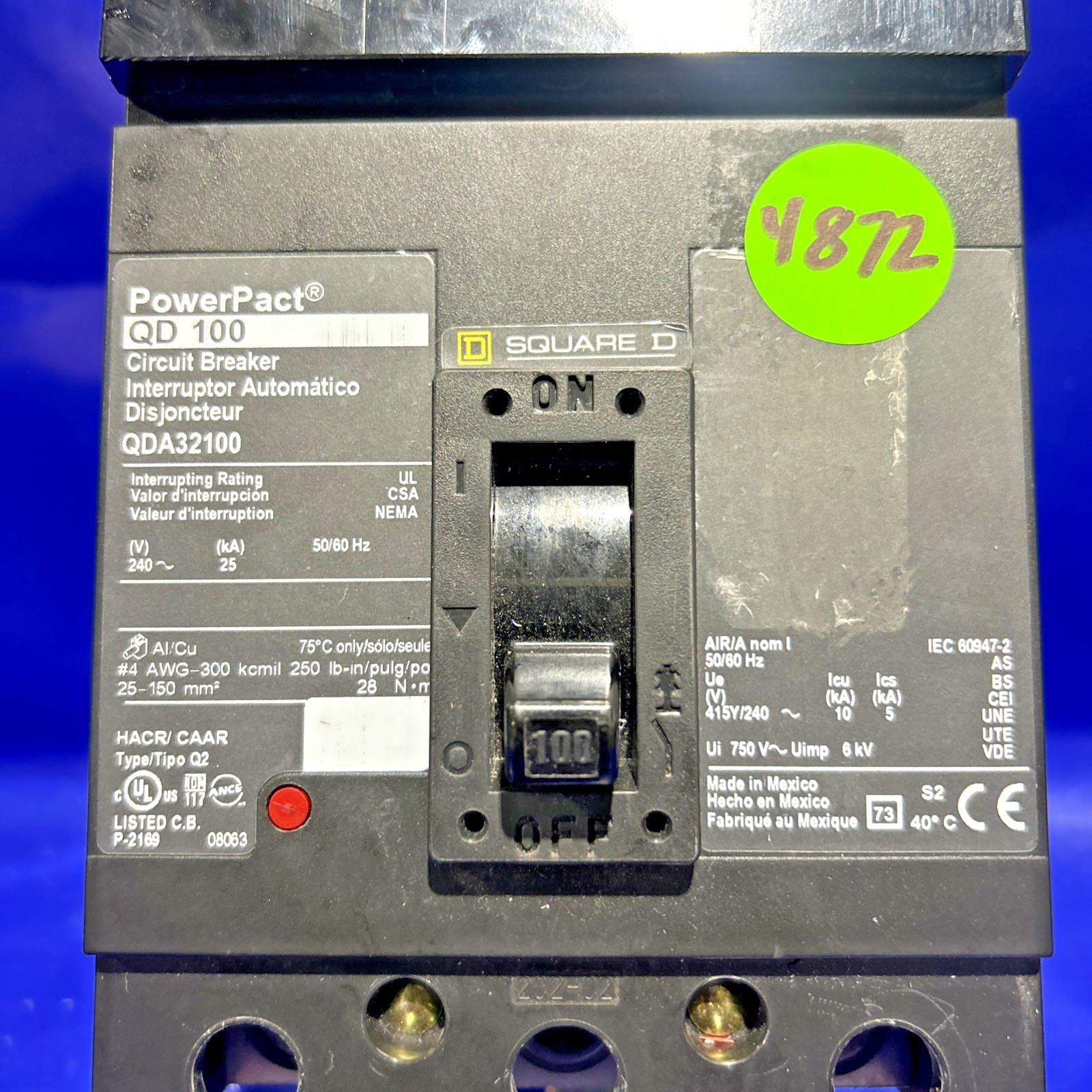 QDA32100 100 Amp 240V 3 Pole Square D PowerPact I-Line Circuit Breaker🟦