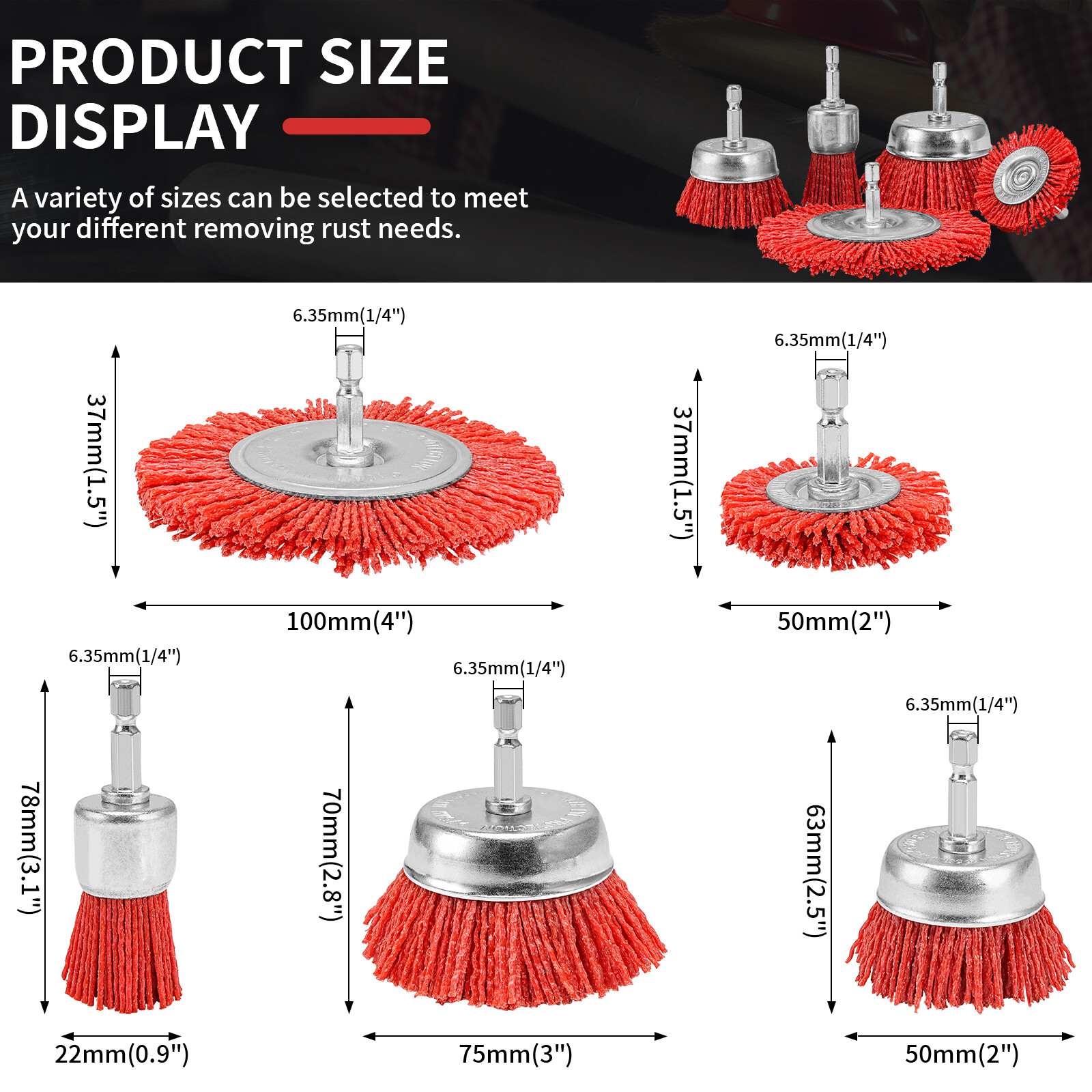 Nylon Filament Abrasive Wire Brush Wheel Cup Brush 1/4″ Hex Shank Rotary Tools