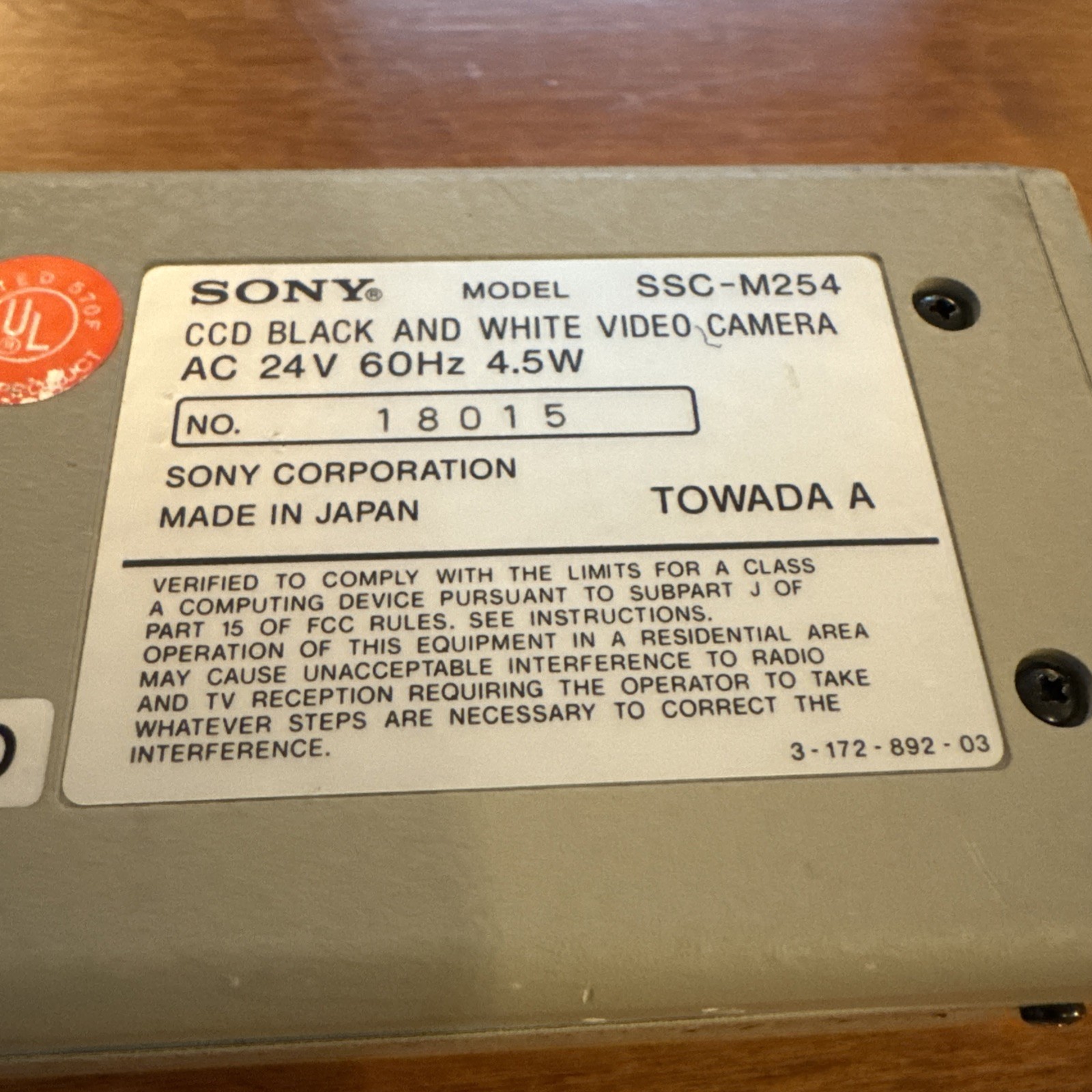 Sony CCTV CCD Camera Model SSC-M254 Made In Japan Untested